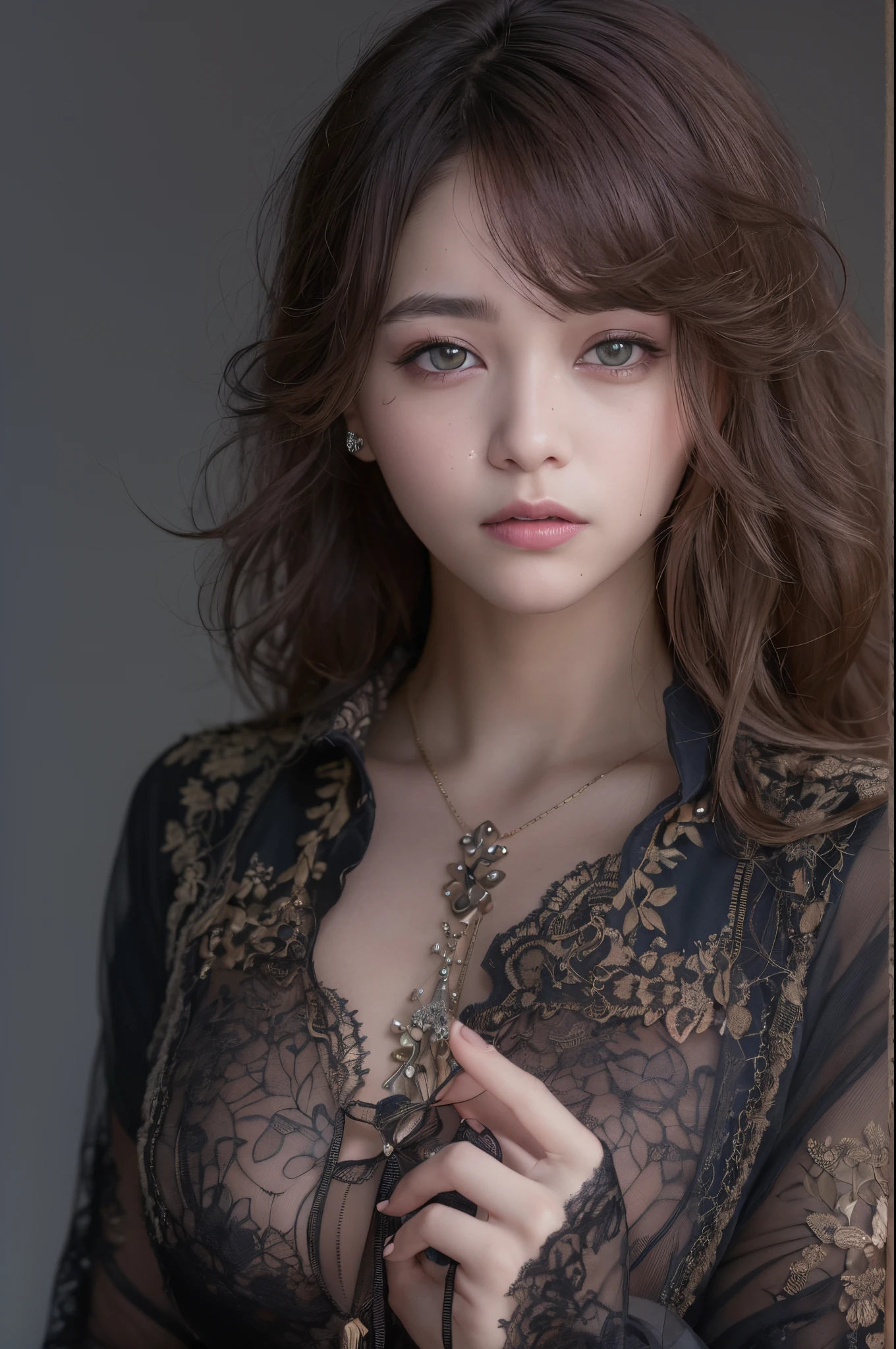 (Raw photo, Best Quality), (Realistic, Photorealsitic:1.3), masutepiece, extremely delicate and beautiful, Extremely detailed, nffsw, Unity, 8K, amazing, finely detail, Ultra-detailed, hight resolution, absurderes, Soft light, (Black hair, Short hair, Curly hair, hair messy, Bangor Tiful Detail Girl, Detailed fingers, extremely detailed eye and face, beautiful detailed nose, Beautiful detailed eyes, (Light on Face), Looking at Viewer, (Closed mouth:1.2), 1girl in, Cute, 年轻, Mature Face, pale skin, (Half body:1.3, sittingium'breastsout), Realistic face, Realistic body, beautiful detailed thigh, (ulzzang -6500-v1.1:0.6), Black shirt, (Semi-smile:1.3),cowboy shot