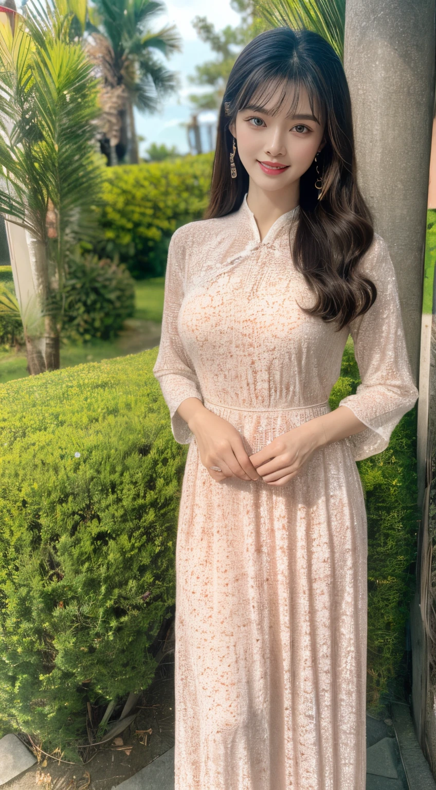 (photorealistic:1.40, 8K, RAW photo, ultra high res, Best Quality, Masterpiece: 1.2, lowest lux),
Susan, full-body, clothed,
big wavy long hairstyle,
natural detailed eyes:1.1,
natural detailed lips,
Natural Makeup, (Susan is wearing vietnam women dress aodai),
Seductive smile facing the camera, Highly detailed face and skin texture, Vivid colors, Sharp focus