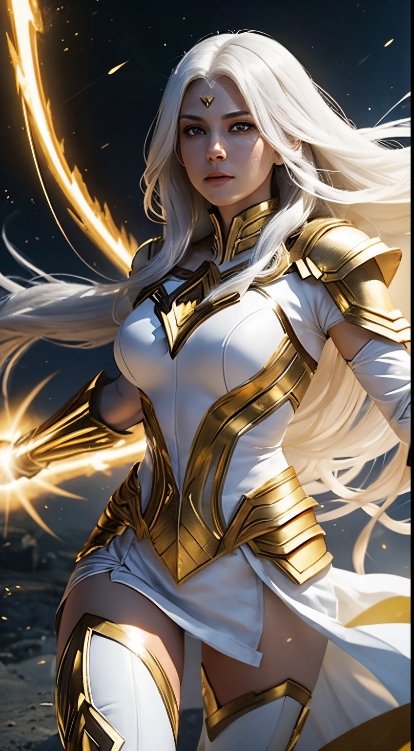 A beautiful warrior woman, with long white hair and yellow eyes, wearing white and gold dc comics Shazam armor with several yellow rays running across her body