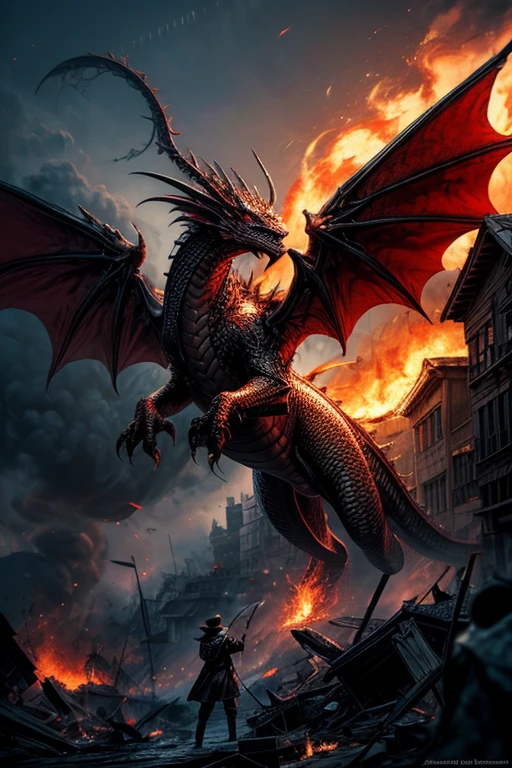 Hohe Detailgenauigkeit, best quality, 8K, [Ultra-detailliert], Meisterwerk, (Extrem detailliert), Dynamischer Winkel, .RAW, Weitwinkel, fotorealistisch, Fantasy-Kunst, DND-Kunst, RPG-Kunst, 1 large fearsome red dragon flying, (dragon with 2 wings:1.3), scharfe Krallen, tough armored skin, (((spits jet of fire))), Burning Buildings, Angst, Panic, chaos, ((destruction)), death, burned people, filmischer Hintergrund, episch, (Meisterwerk:1.3), highres, filmischer Hintergrund, (Meisterwerk:1.2), high resolution