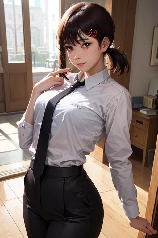 masterpiece, best quality, ultra-detailed, illustration, epic lighting, cinematic composition, isometric, 1girl, solo, cute, brown eyes, black hair, swept bangs, single sidelock, red hairclip, white collared shirt, black necktie, black pants, formal, enchanting gaze, captivating pose, indoors, office, door, opening door, looking at viewer, peeking out upper body, blush, seductive smile, closed mouth,(8k:1.1),