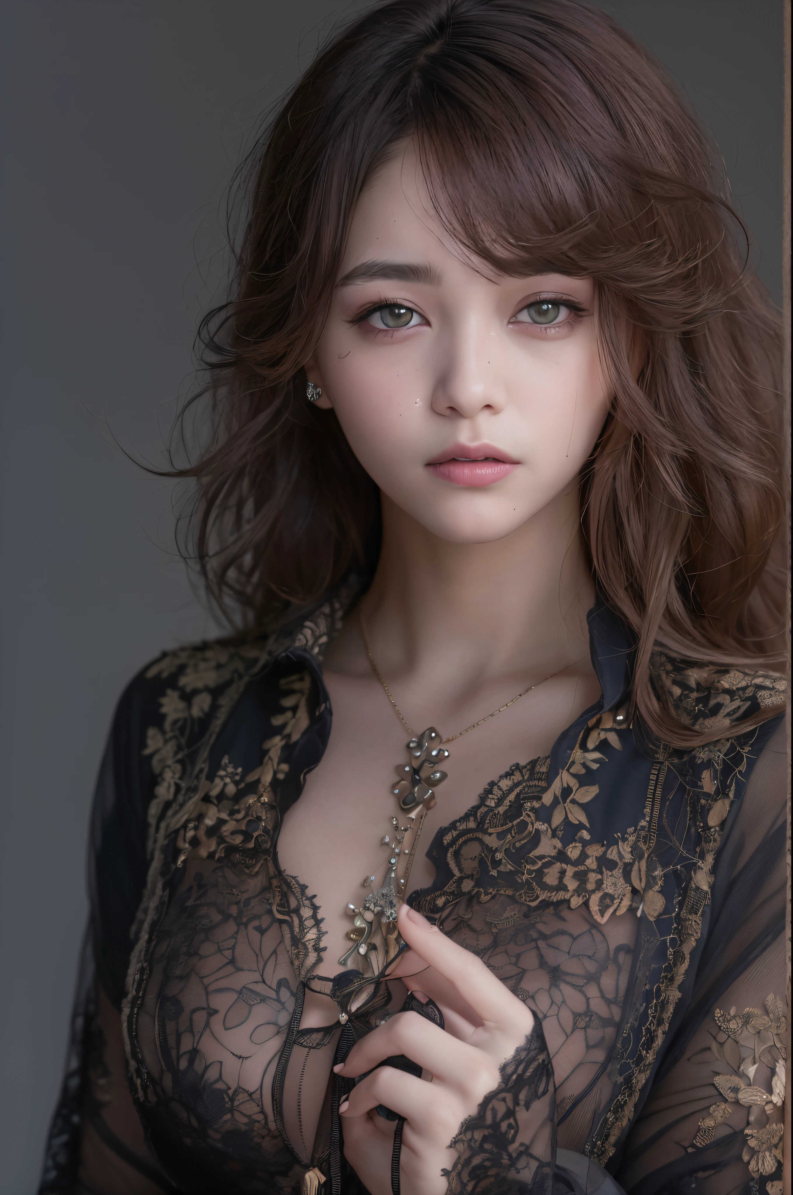 (Raw photo, Best Quality), (Realistic, Photorealsitic:1.3), masutepiece, extremely delicate and beautiful, Extremely detailed, nffsw, Unity, 8K, amazing, finely detail, Ultra-detailed, hight resolution, absurderes, Soft light, (Black hair, Short hair, Curly hair, hair messy, Bangor Tiful Detail Girl, Detailed fingers, extremely detailed eye and face, beautiful detailed nose, Beautiful detailed eyes, (Light on Face), Looking at Viewer, (Closed mouth:1.2), 1girl in, Cute, 年轻, Mature Face, pale skin, (Half body:1.3, sittingium'breastsout), Realistic face, Realistic body, beautiful detailed thigh, (ulzzang -6500-v1.1:0.6), Black shirt, (Semi-smile:1.3),cowboy shot