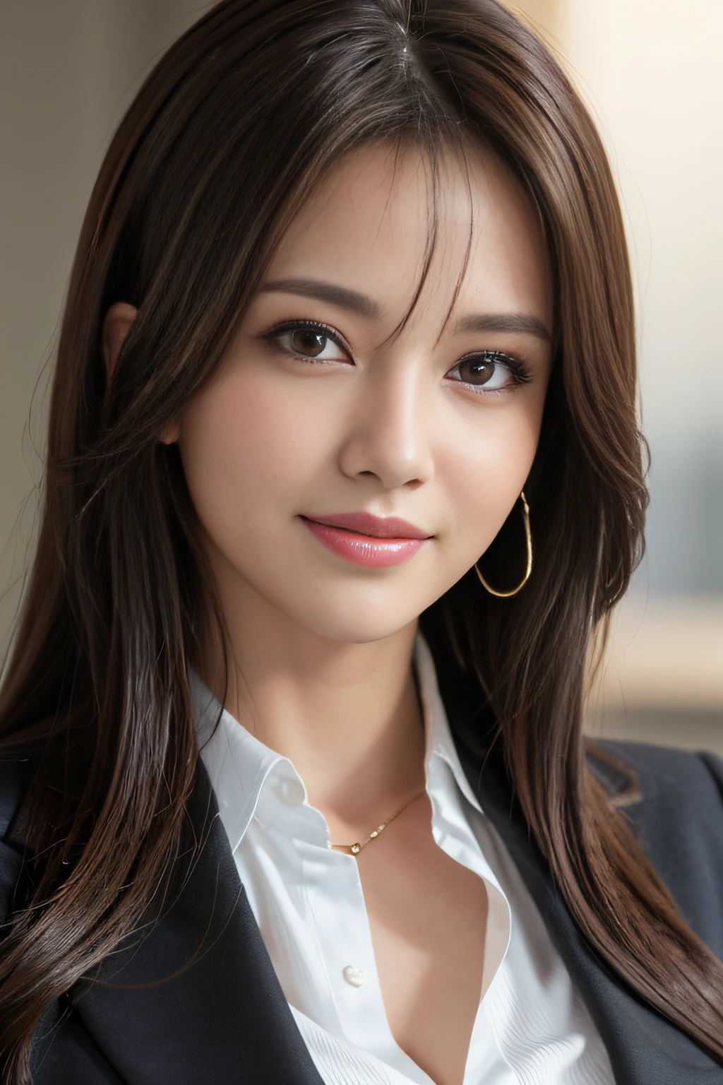 masutepiece, Best Quality, Photorealistic, Ultra-detailed, finely detail, High resolution, 8K Wallpaper, 1 beautiful woman,, light brown messy hair, in a business suit, foco nítido, Perfect dynamic composition, Beautiful detailed eyes, detailed hairs, Detailed realistic skin texture, Smiling, Close-up portrait, Model body type