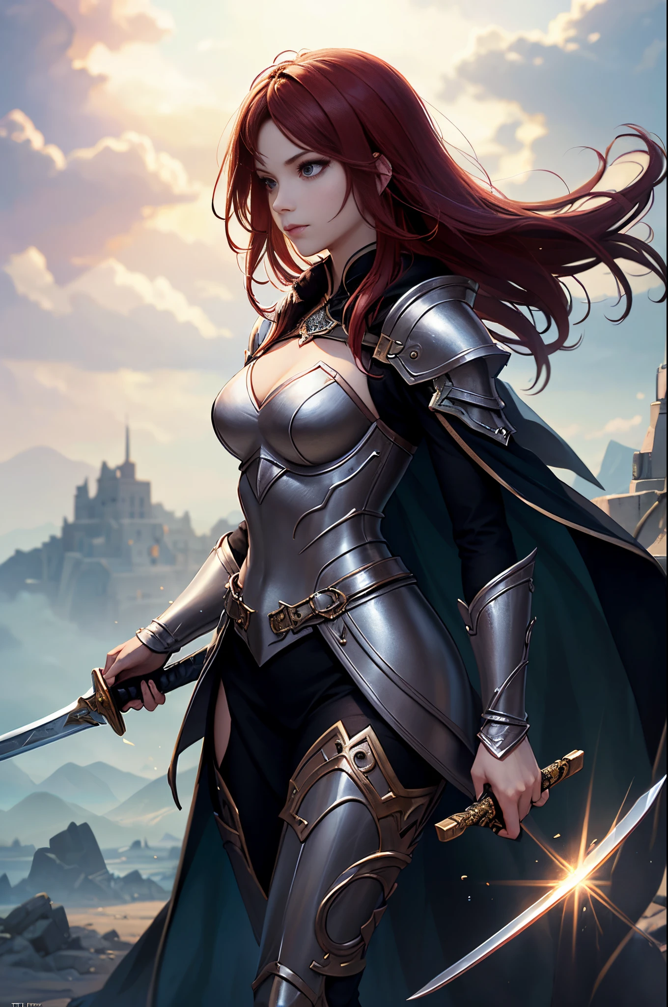 Alafed woman in black and red costume holding a sword, a character portrait by Yang J, cg society contest winner, Fantasy Art, epic exquisite character art, Stunning character art, redhead queen in heavy red armor, 2. 5 d cgi anime fantasy artwork, epic fantasy art style, ig model | ArtGerm, epic fantasy digital art style, battlefield commander, Invincible female general, Brave, Awe-inspiring Hall々, extremely detailed and beautiful eyes, Supermodel body type, Cloak in the wind, Battle Master, Veteran Warriors, Best Quality, Perfect Angle, perfect-composition, Best Shots, Official art, ciinematic light