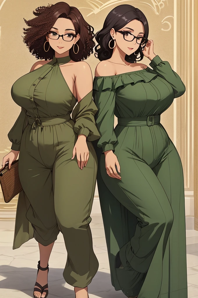 masutepiece, Best Quality),Detailed face, Detailed eyes, glasses afro、Forehead、large earring、 Curly hair, Large breasts, Big butt、Plump、Elegant woman, moss green jumpsuit, One-shoulder、Wide pants、Walking、Full body