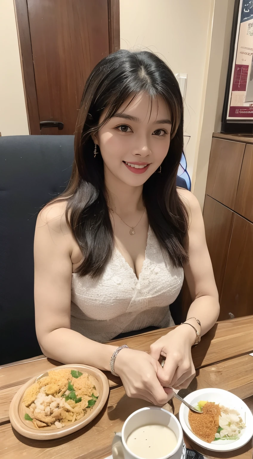 (photorealistic:1.40, 8K, RAW photo, ultra high res, Best Quality, Masterpiece: 1.2, lowest lux),
Susan, full-body, clothed,
big wavy long hairstyle, 
natural detailed eyes:1.1, 
natural detailed lips,  
Natural Makeup, (Susan wearing a typical Malay dress sitting at a table in a typical Malaysian coffee shop surrounded by a small crowd of  typical Malaysian people. She is eating a plate of rice with some typical Malaysian condiments with her right hand without utensils.), 
Seductive smile facing the camera, Highly detailed face and skin texture, Vivid colors, Sharp focus