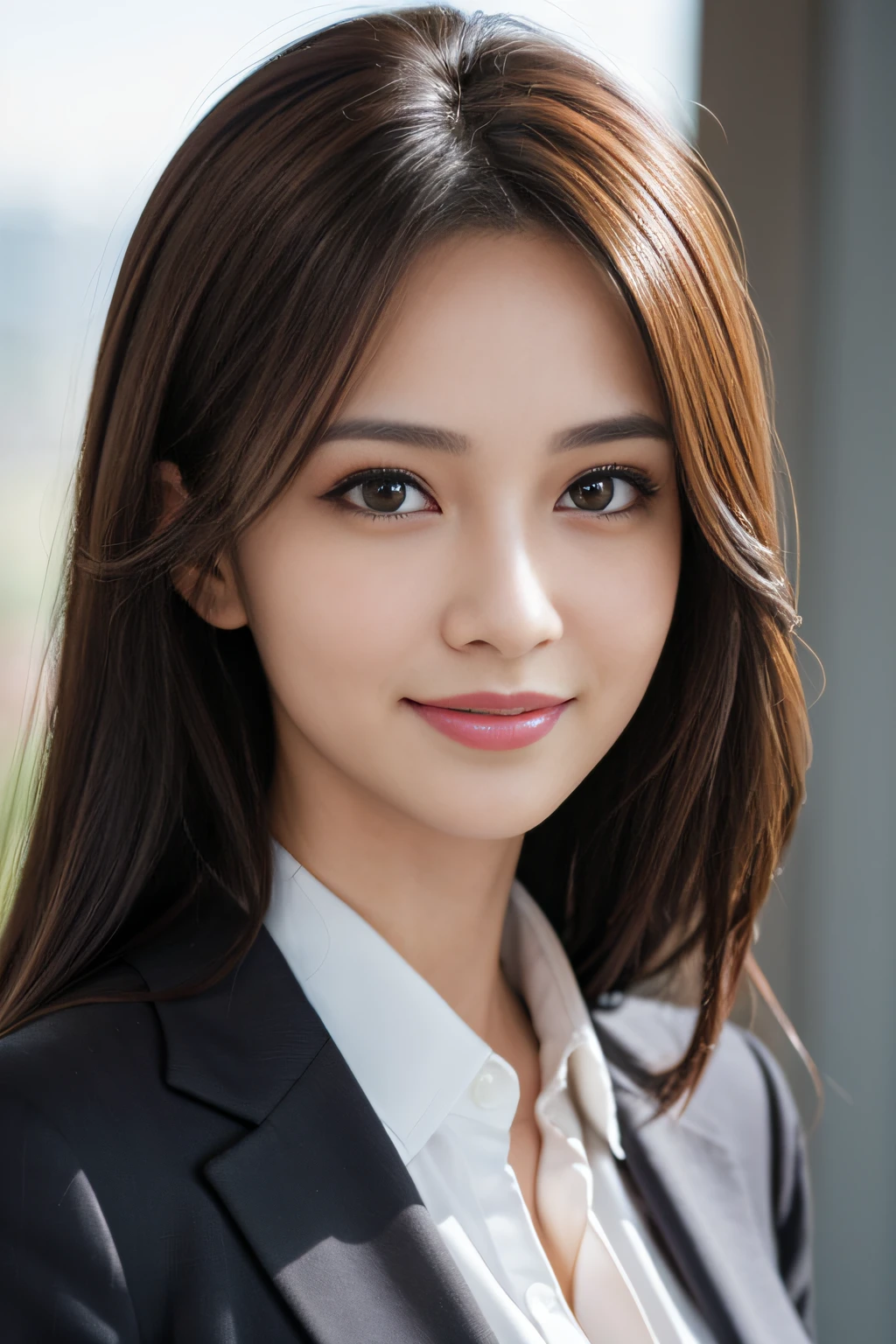 masutepiece, Best Quality, Photorealistic, Ultra-detailed, finely detail, High resolution, 8K Wallpaper, 1 beautiful woman,, light brown messy hair, in a business suit, foco nítido, Perfect dynamic composition, Beautiful detailed eyes, detailed hairs, Detailed realistic skin texture, Smiling, Close-up portrait, Model body type