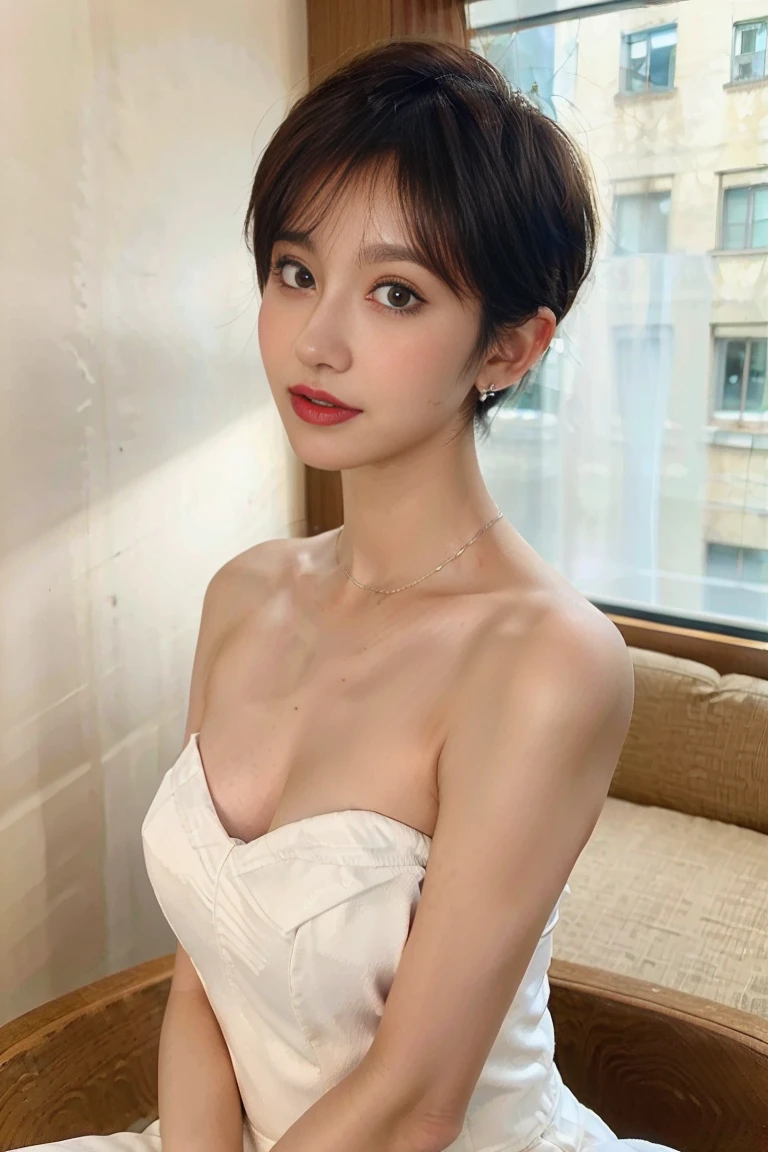 woman posing for a photo, (wearing strapless shorttubedress )pixie cut, glam makeup, good hand,4k, high-res, masterpiece, best quality, head:1.3,((Hasselblad photography)), finely detailed skin, sharp focus, (cinematic lighting), collarbone, night, soft lighting, dynamic angle, [:(detailed face:1.2):0.2],(((5 stars hotel))), outside