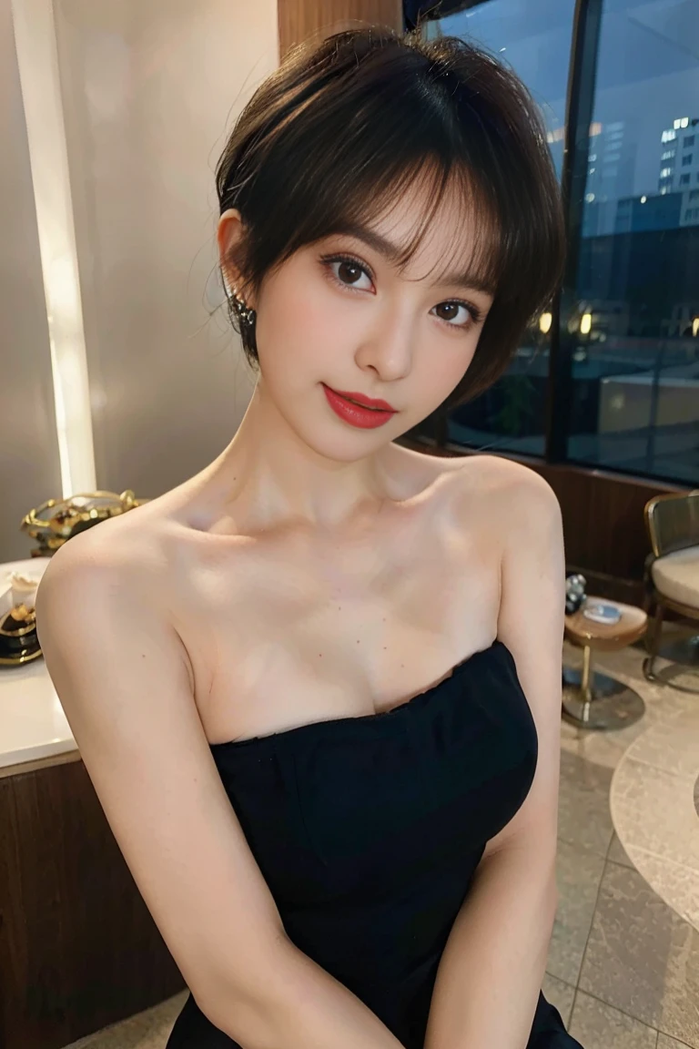 woman posing for a photo, (wearing strapless shorttubedress )pixie cut, glam makeup, good hand,4k, high-res, masterpiece, best quality, head:1.3,((Hasselblad photography)), finely detailed skin, sharp focus, (cinematic lighting), collarbone, night, soft lighting, dynamic angle, [:(detailed face:1.2):0.2],(((5 stars hotel))), outside