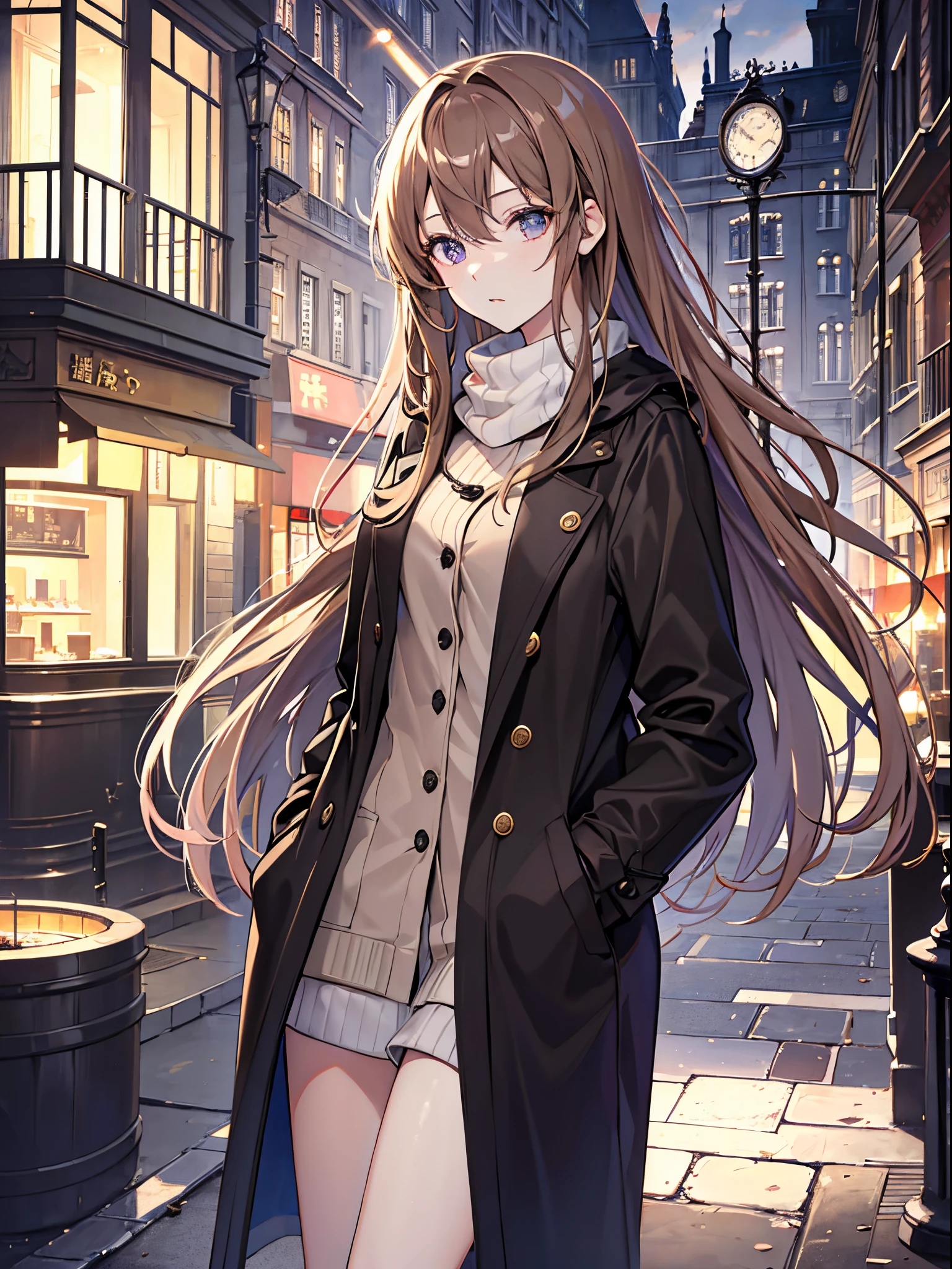 in 8K)、top-quality、超A high resolution、ciinematic light、London style streetscape、(((1人の女性)))、（Long brown wavy hair、Eyes purple、Cool、Brown coat、a cool、）、​masterpiece、best qualtiy、Beautifully painted、A highly detailed、Photograph the whole body、