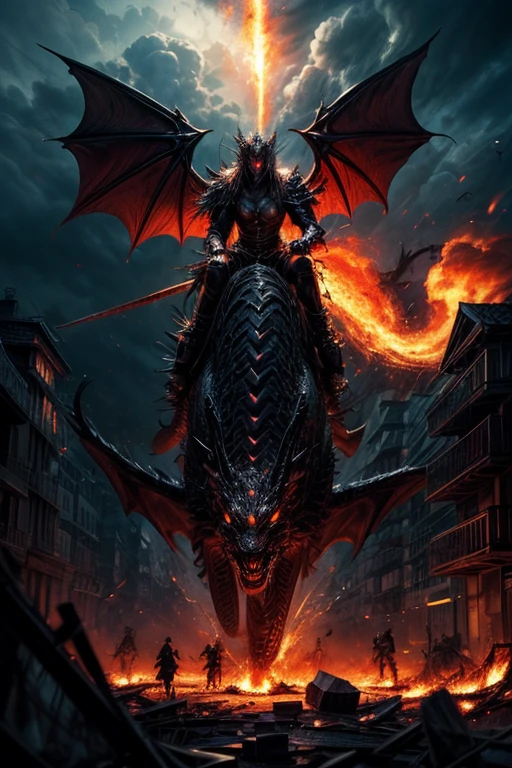 Hohe Detailgenauigkeit, best quality, 8K, [Ultra-detailliert], Meisterwerk, (Extrem detailliert), Dynamischer Winkel, .RAW, Weitwinkel, fotorealistisch, Fantasy-Kunst, DND-Kunst, dark art, 1 large fearsome red dragon flying, (dragon with 2 wings:1.3), scharfe Krallen, tough armored skin, (((spits jet of fire))), Burning Buildings, Angst, Panic, chaos, ((destruction)), death, burned people, filmischer Hintergrund, episch, (Meisterwerk:1.3), highres, filmischer Hintergrund, (Meisterwerk:1.2), high resolution