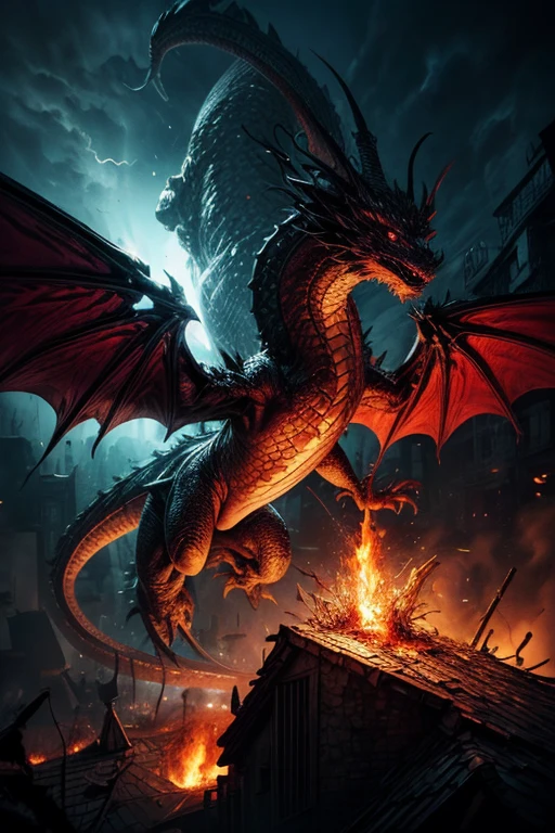 Hohe Detailgenauigkeit, best quality, 8K, [Ultra-detailliert], Meisterwerk, (Extrem detailliert), Dynamischer Winkel, .RAW, Weitwinkel, fotorealistisch, Fantasy-Kunst, DND-Kunst, dark art, 1 large fearsome red dragon flying, (dragon with 2 wings:1.3), scharfe Krallen, tough armored skin, (((spits jet of fire))), Burning Buildings, Angst, Panic, chaos, ((destruction)), death, burned people, filmischer Hintergrund, episch, (Meisterwerk:1.3), highres, filmischer Hintergrund, (Meisterwerk:1.2), high resolution
