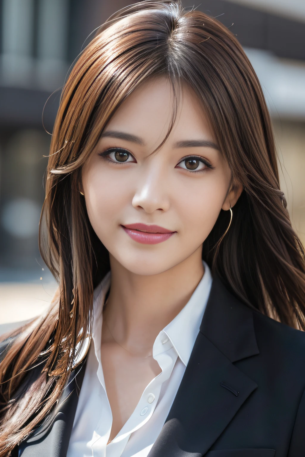 masutepiece, Best Quality, Photorealistic, Ultra-detailed, finely detail, High resolution, 8K Wallpaper, 1 beautiful woman,, light brown messy hair, in a business suit, foco nítido, Perfect dynamic composition, Beautiful detailed eyes, detailed hairs, Detailed realistic skin texture, Smiling, Close-up portrait, Model body type