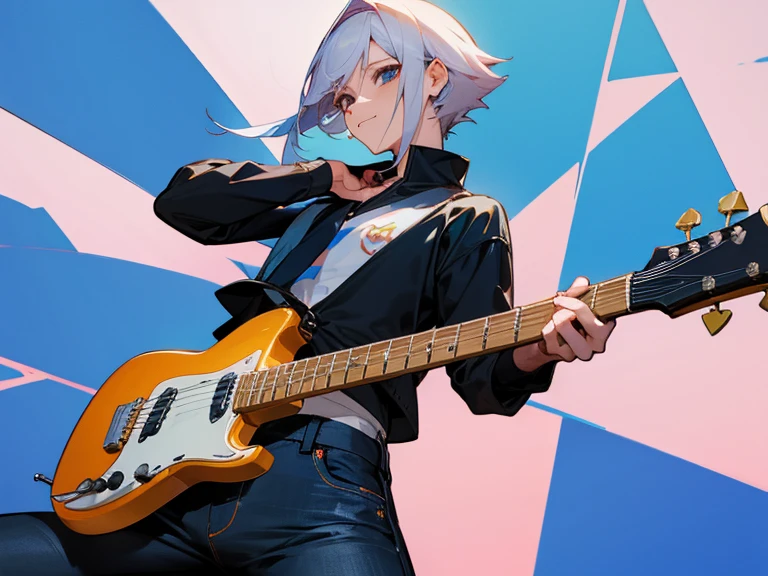 Make an anime character with feminine and masculine characteristics (tom de pele: pardo) (cabelos longos e andulados) (olhos verdes) (boca pequena) usando um sobretudo uma camisa azul escura, a pair of black jeans, com uma guitarra nas costas e um chicote na cintura, in a hello position with a smile on your face.