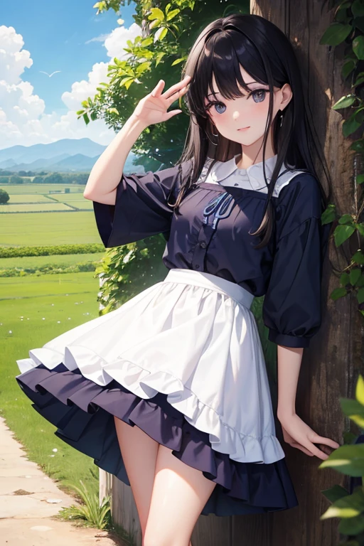 1人の女の子, solamente, Pelo largo de color naranja, corriente, (Campo de trigo alto), Dar la vuelta, ojos esmeralda, vestido largo azul, Edad Media, Traje medieval, Puesta de sol de manga larga, light from behind, Sombra en la figura, They are smiling, Risa, (cielo azul), En el contexto del trigo, De pie en la distancia, Mirando al espectador, full-length
