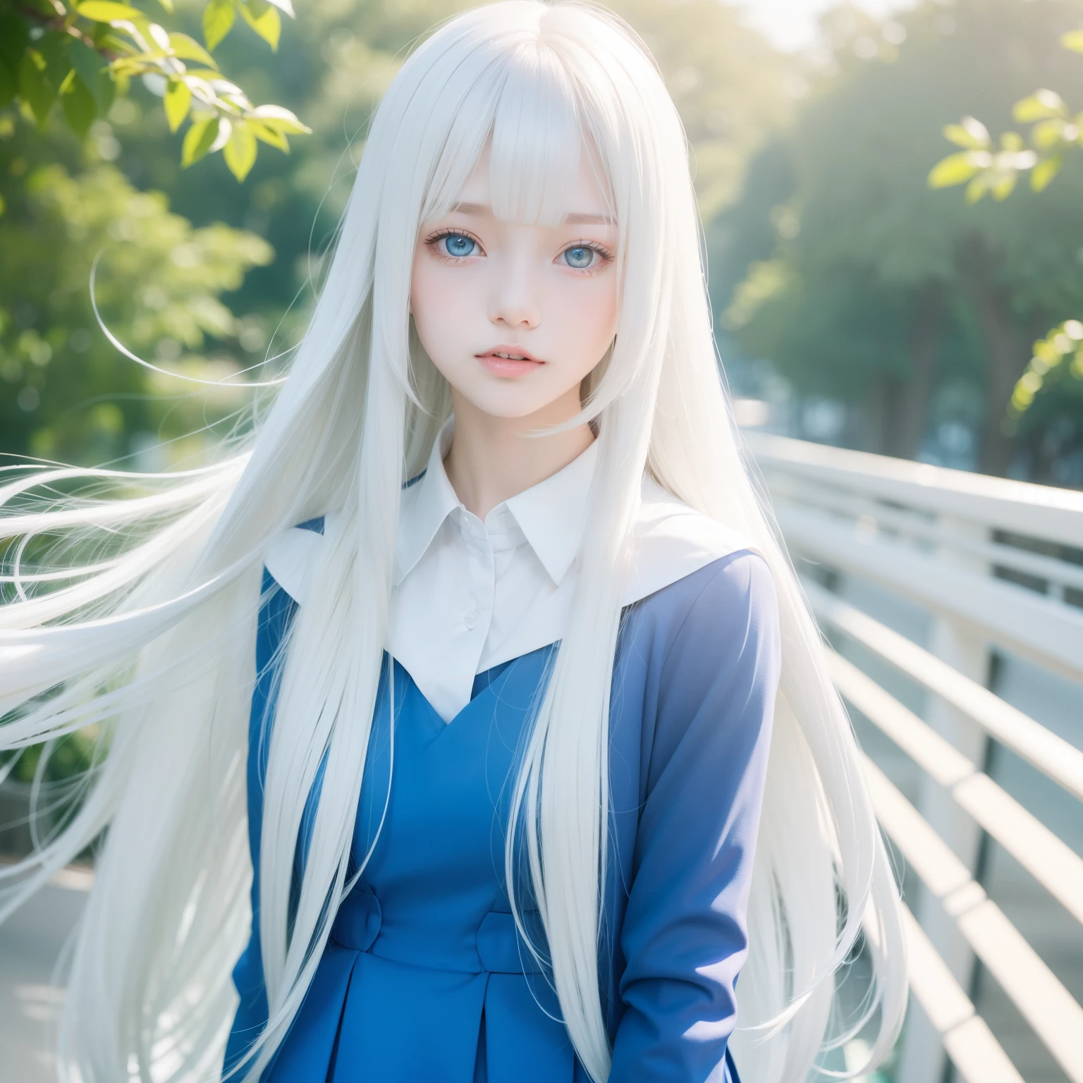 Single girl, school uniform, blue sky, bright and very beautiful face, young shiny white shiny skin, best good looks, beautiful platinum blonde super long silky straight hair shiny shiny, long swaying bangs, tremendously beautiful 17 years old, shining clear light blue big eyes, beautiful lovely beautiful girl