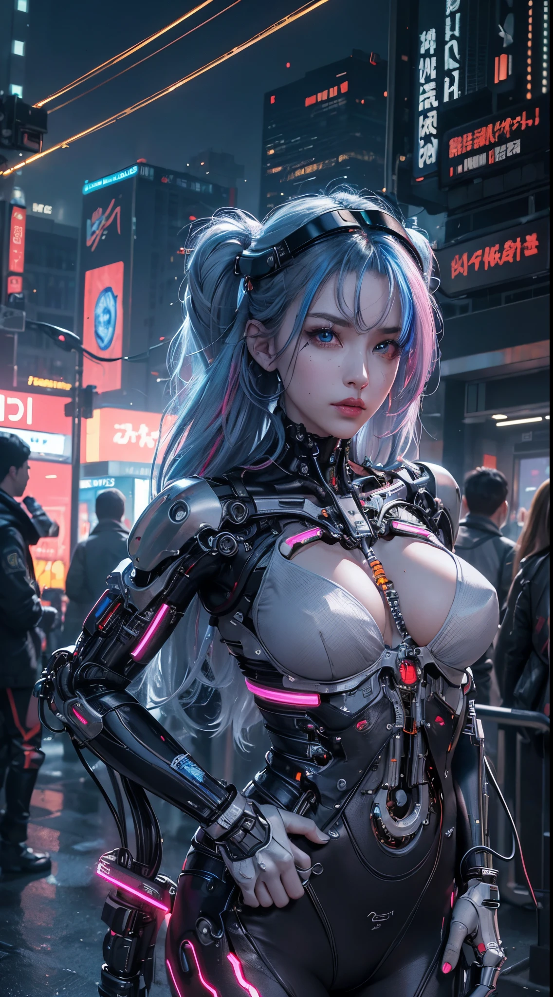 (beautiful cybernetic girl)), ((mechanical limbs)), (blood vessels connected to tubes), (mechanical vertebrae), ((mechanical cervical attaching to neck)), (wires and cables attaching to neck:1.2), ((mass of wires and cables on head)), (character focus), (((dynamic pose))), (masterpiece), (((best quality))), ((ultra-detailed)), (highly detailed photorealistic CG illustration), cinematic lighting, science fiction, extremely detailed,colorful,highest detail, cyberpunk city background.silver eyes , neon lights ,colored hair