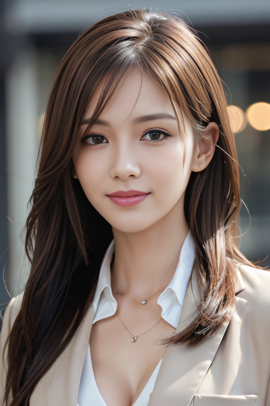 masutepiece, Best Quality, Photorealistic, Ultra-detailed, finely detail, High resolution, 8K Wallpaper, 1 beautiful woman,, light brown messy hair, in a business suit, foco nítido, Perfect dynamic composition, Beautiful detailed eyes, detailed hairs, Detailed realistic skin texture, Smiling, Close-up portrait, Model body type