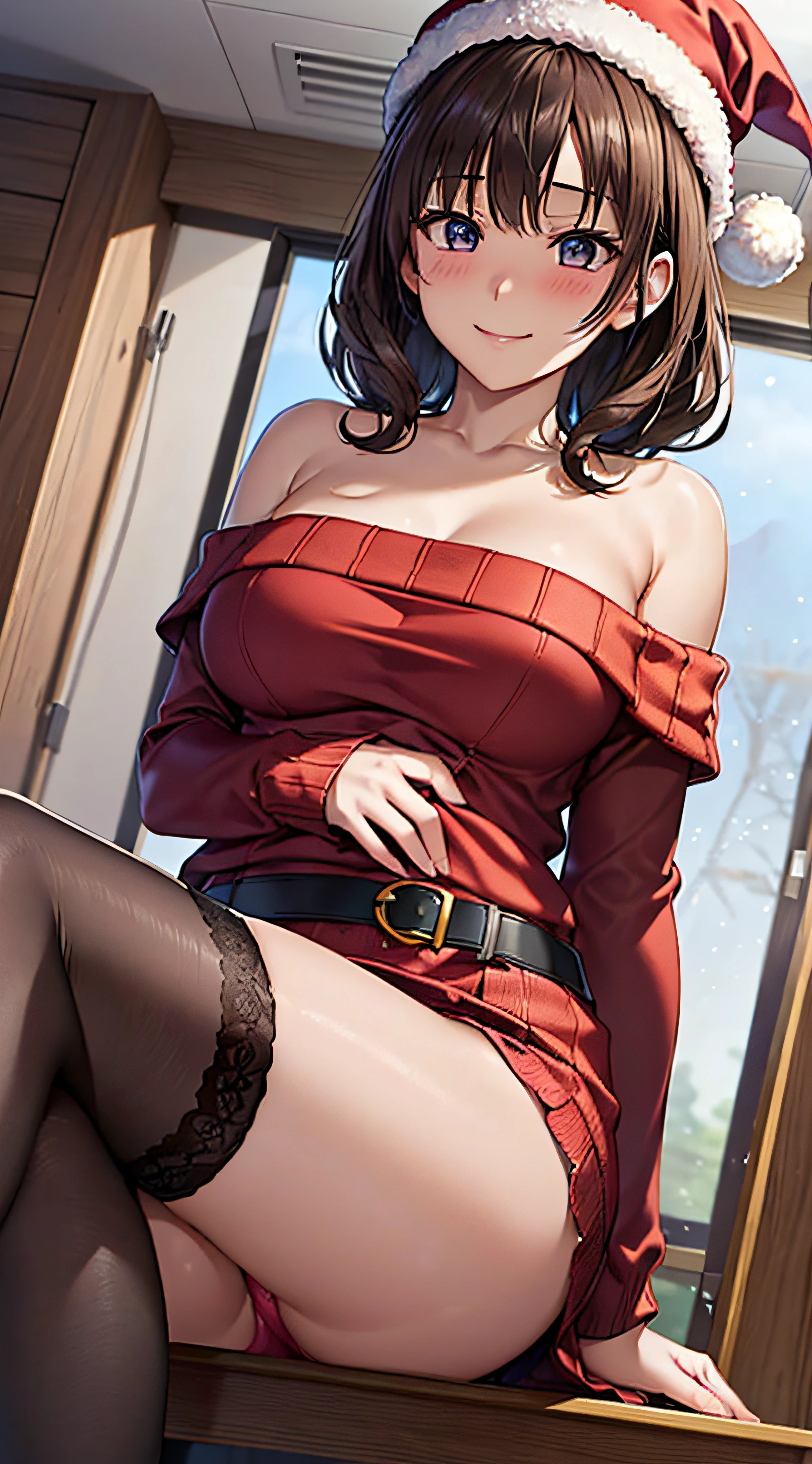 ((masutepiece, Best Quality, hight resolution, nffsw, Perfect Pixel, 4K, nffsw, nffsw))), 1girl in, Single, Solo, Beautie、full body seen、 ((Middle Wave Hair, Bangs, Brown hair)), ((Brown-eyed, Beautiful eyelashes, Realistic eyes)), ((Detailed face, Blushing:1.2)), ((Smooth texture:0.75, Realistic texture:0.65, Photorealistic:1.1, Anime CG style)), medium breasts, Dynamic Angle, Perfect body, ((Santa Claus Costume、Red knitted hat、red and white off shoulder sweater、red and white flared skirt、Black garter stockings、Kamimei、Shy smile、See-through nipples)), Classrooms without people、Sit on a desk、Lower'I took my foot off the desk...................、early evening、、((Angle looking up from below))、Very embarrassing panic smile、Lift your chest with your hands、Open both legs、Open your knees wide、sexy pink floral lace panties)、