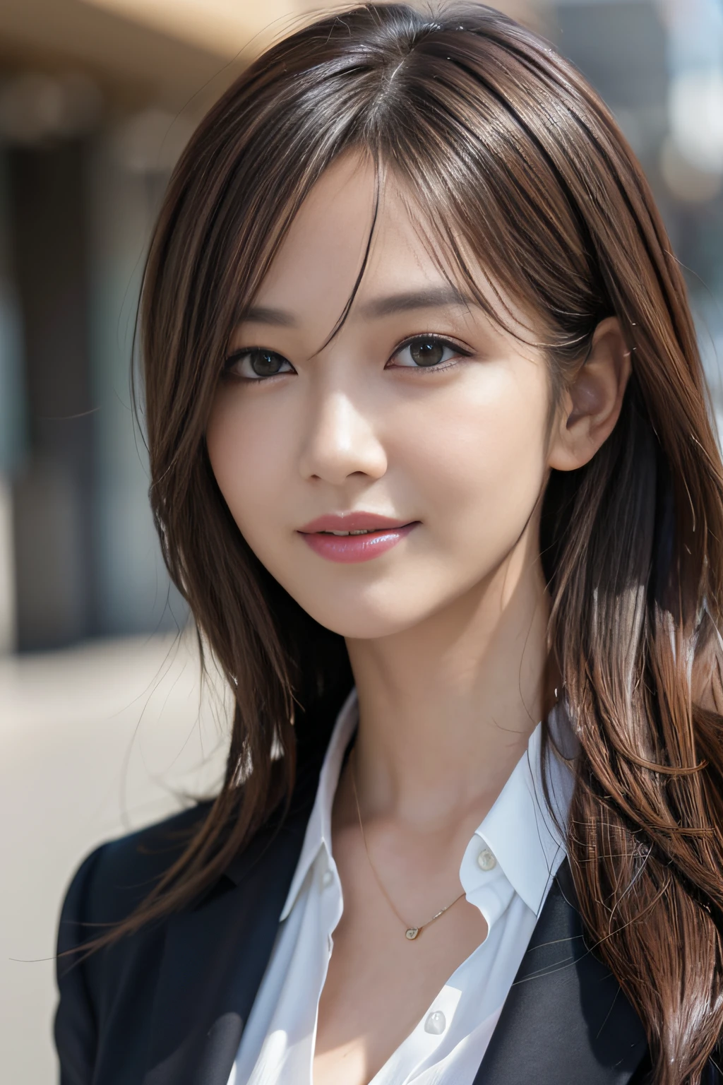 masutepiece, Best Quality, Photorealistic, Ultra-detailed, finely detail, High resolution, 8K Wallpaper, 1 beautiful woman,, light brown messy hair, in a business suit, foco nítido, Perfect dynamic composition, Beautiful detailed eyes, detailed hairs, Detailed realistic skin texture, Smiling, Close-up portrait, Model body type