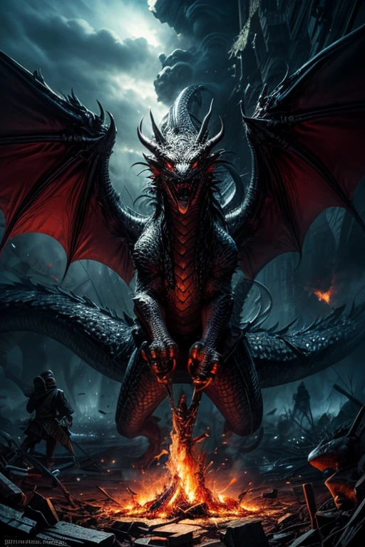 Hohe Detailgenauigkeit, best quality, 8K, [Ultra-detailliert], Meisterwerk, (Extrem detailliert), Dynamischer Winkel, .RAW, Weitwinkel, fotorealistisch, Fantasy-Kunst, DND-Kunst, dark art, 1 large fearsome red dragon flying, kopf wie bei Game of Thrones, (dragon with 2 wings:1.3), scharfe Krallen, tough armored skin, (((spits jet of fire))), spuckt Feuer im Strahl, Burning Buildings, Angst, Panic, chaos, ((destruction)), death, burned people, filmischer Hintergrund, episch, (Meisterwerk:1.3), highres, filmischer Hintergrund, (Meisterwerk:1.2), high resolution