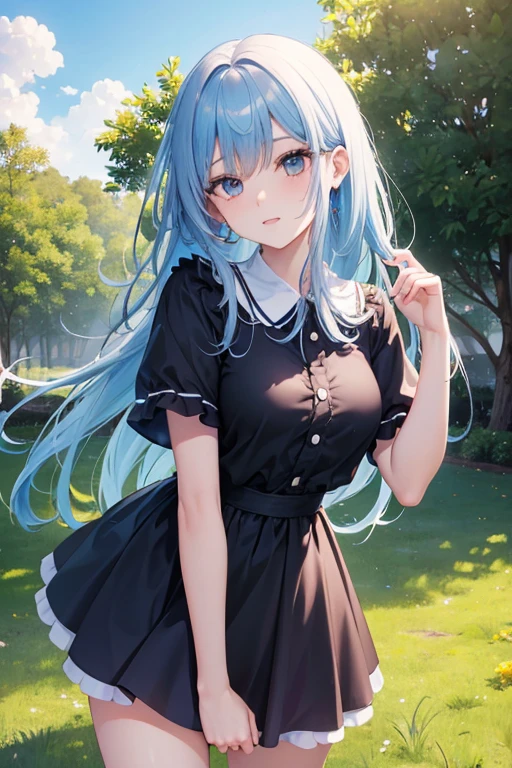 1人の女の子, solamente, Pelo largo de color naranja, corriente, (Campo de trigo alto), Dar la vuelta, ojos esmeralda, vestido largo azul, Edad Media, Traje medieval, Puesta de sol de manga larga, light from behind, Sombra en la figura, They are smiling, Risa, (cielo azul), En el contexto del trigo, De pie en la distancia, Mirando al espectador