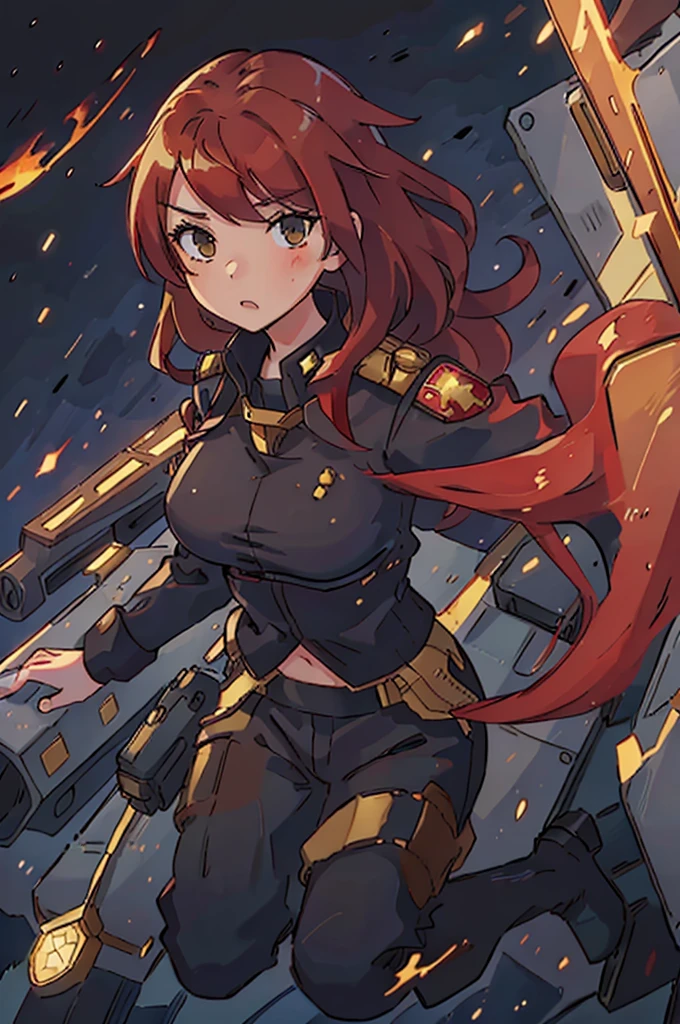 girl, red hair, captain of an aircraft carrier, black uniform, full body, black pants, gold rank insignia