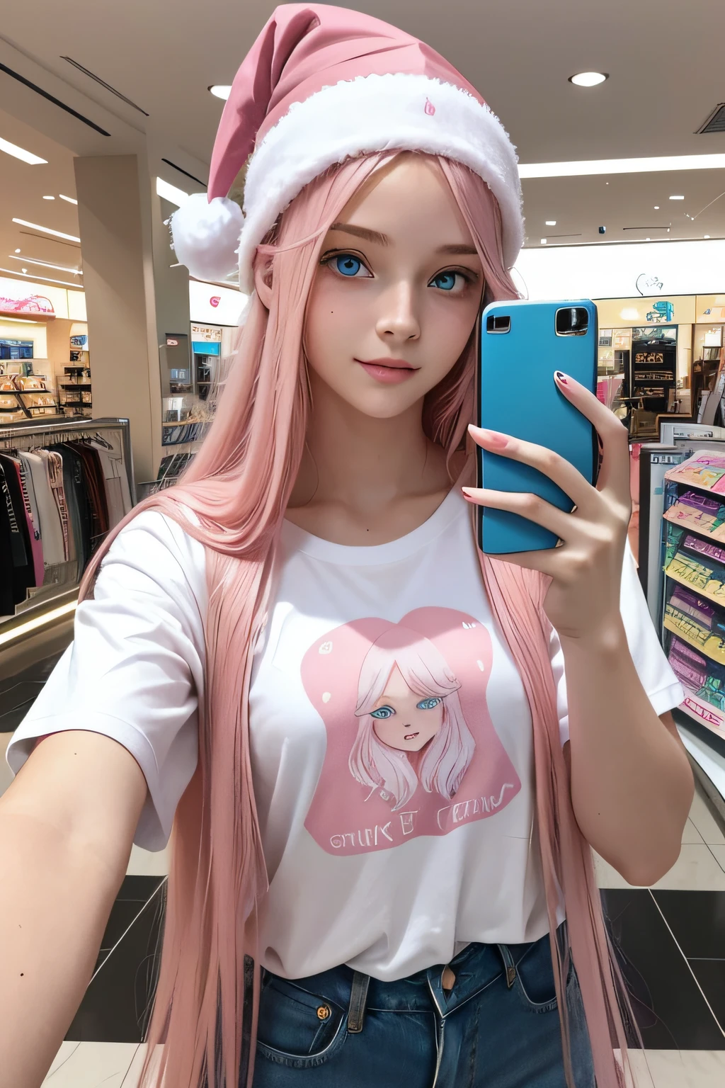 Mulher de 18 anos Seu lindo cabelo longo e rosa, she is wearing a pink Santa hat on her head, your beautiful blue eyes and natural light pink lips. Ela tem um olhar angelical, uma camiseta branca e rosa, she is in a shopping center, tirando uma selfie com seu iPhone 7 rosa.