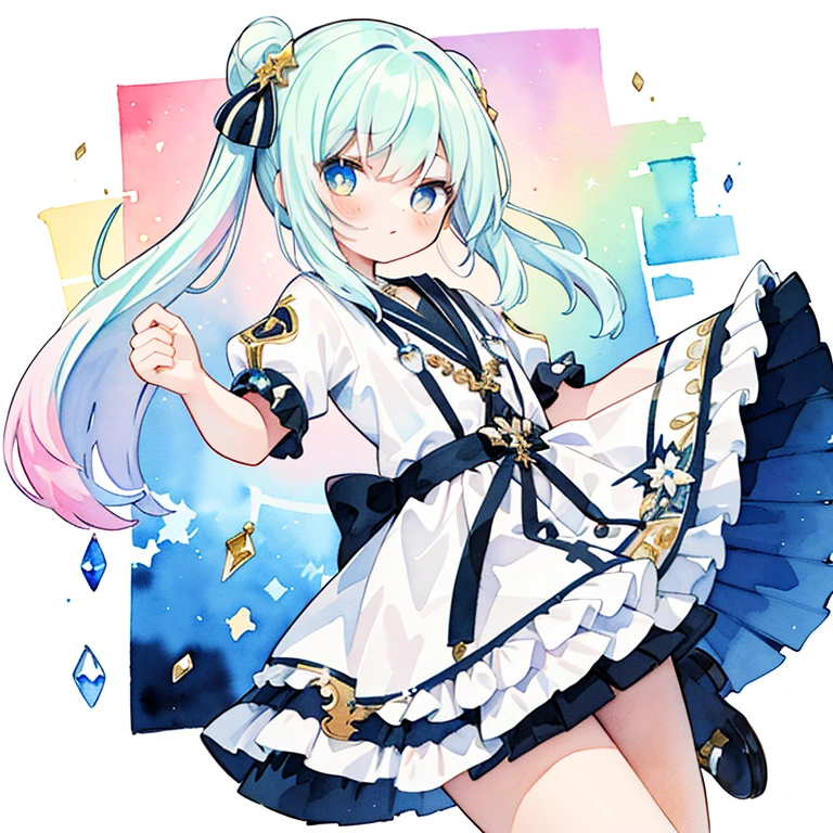 Transparent watercolor,Copic Art,girl with,Jewel Eyes,Beautiful arrangements and motifs,JPNIDOL, 1girl in, masutepiece, High quality, Looking at Viewer,colorful backdrop、Pop,Cute,Fancy,Jumping Kick、jamping👊