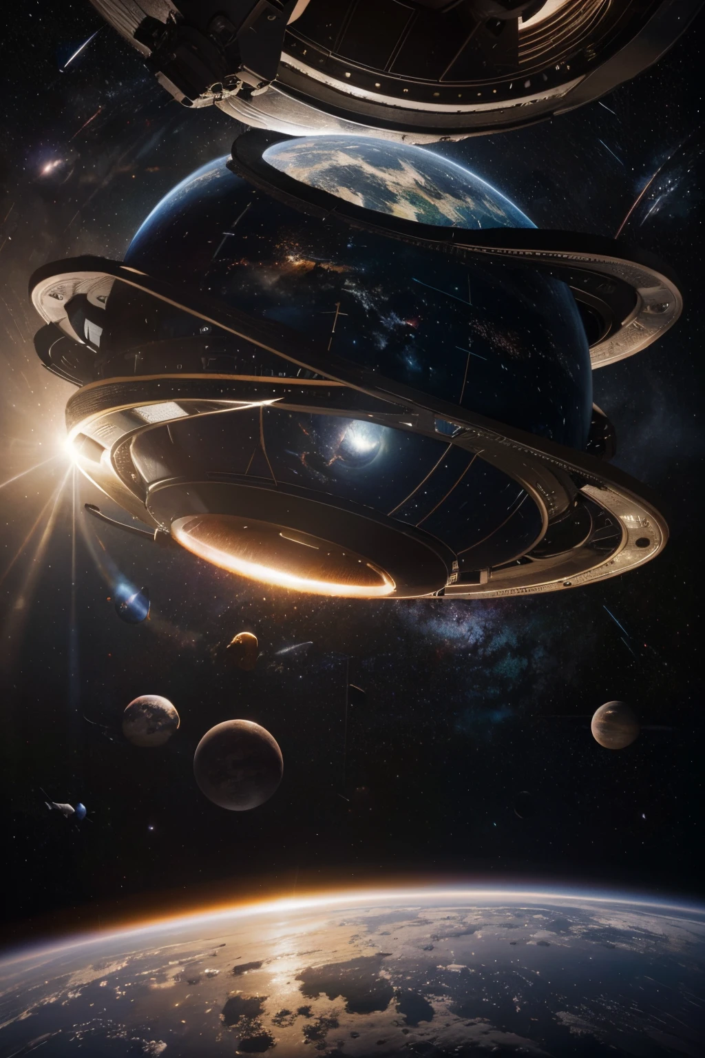 (global lighting:1.2),(realistic:1.37),(highres,ultra-detailed:1.2),(vivid colors),(illustration),(gigantic circular spacecraft, orbiting, giant planet, hundreds of rings),(detailed planets),(distant stars),(detailed spacecraft),(colorful galaxies),(futuristic),(studio lighting),(landscape)