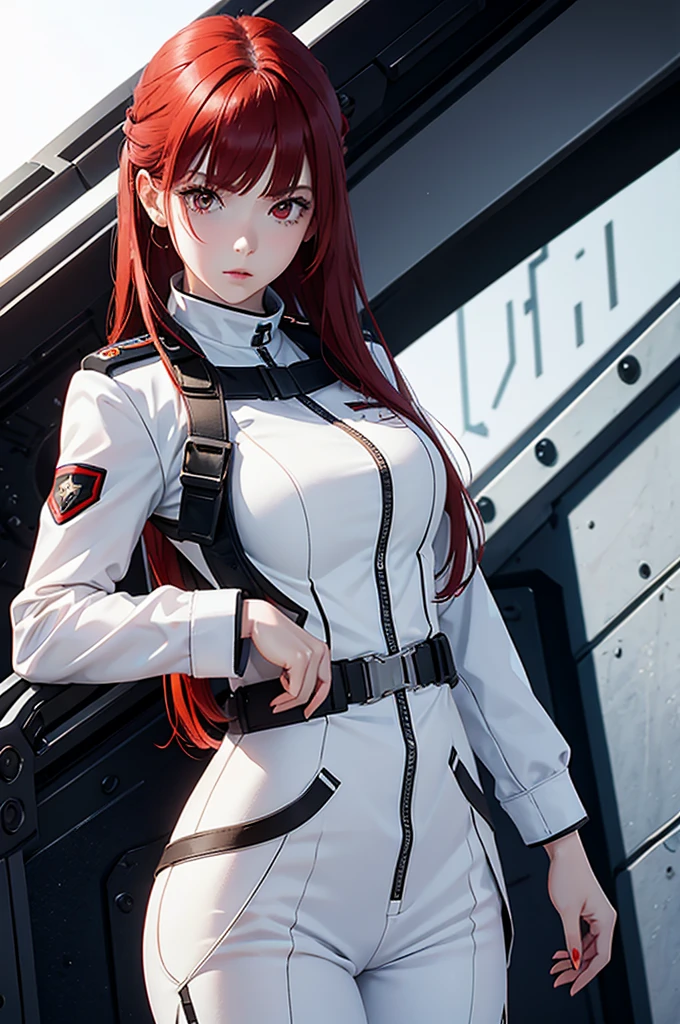 Girl, with white military suit, red hair, red eyes, beautiful, white skin, cold look, 22 years old,