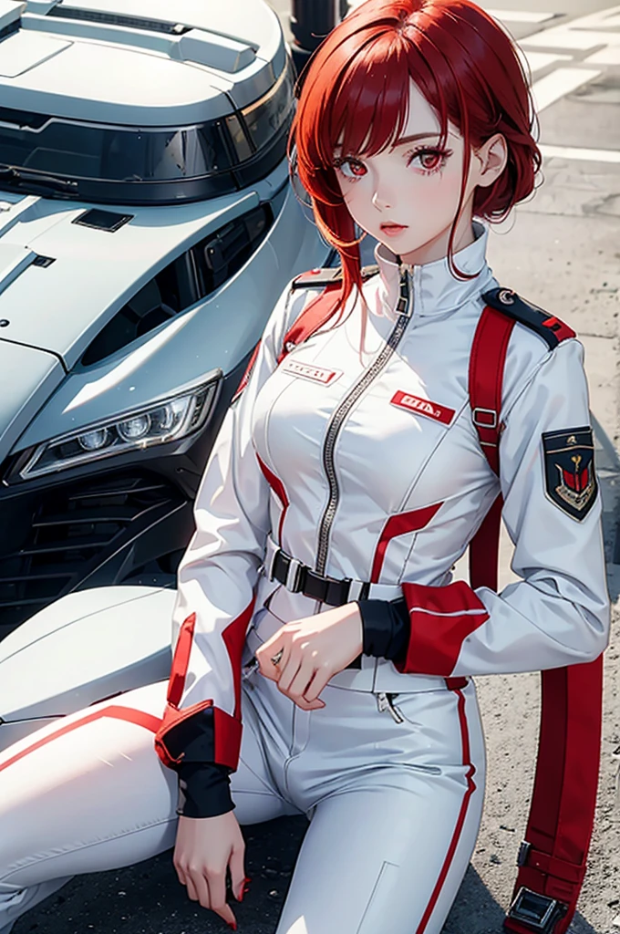 Girl, with white military suit, red hair, red eyes, beautiful, white skin, cold look, 22 years old,