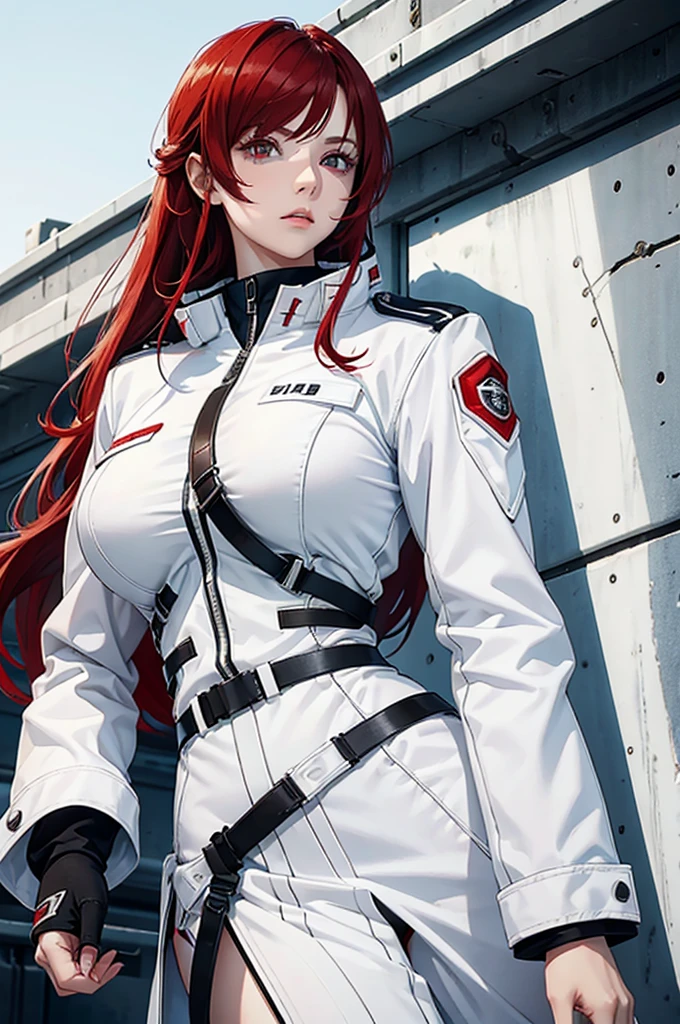 Girl, with white military suit, red hair, red eyes, beautiful, white skin, cold look, 22 years old,