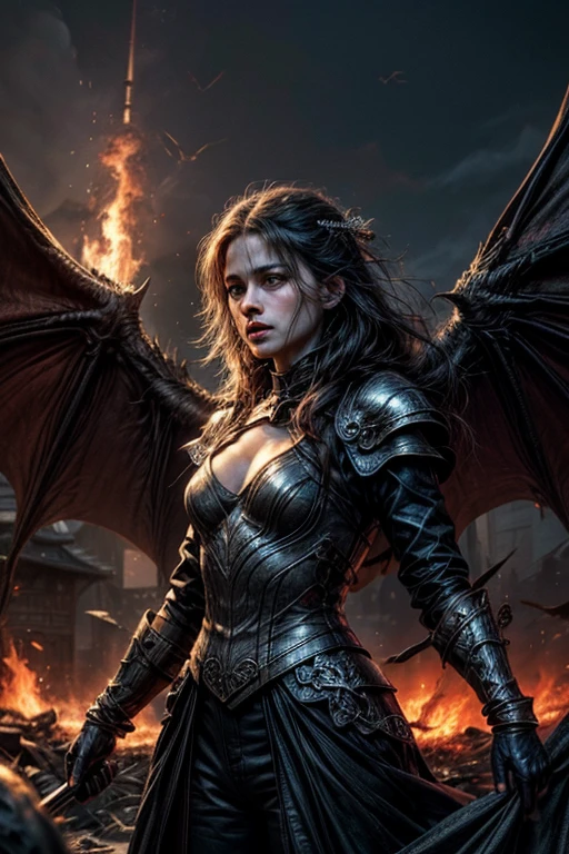 Hohe Detailgenauigkeit, best quality, 8K, [Ultra-detailliert], Meisterwerk, (Extrem detailliert), Dynamischer Winkel, .RAW, Weitwinkel, fotorealistisch, Fantasy-Kunst, DND-Kunst, dark art, 1 very large fearsome fantasy red dragon flying, kopf wie bei Game of Thrones, (((flys))), (dragon with 2 wings:1.3), scharfe Krallen, tough armored skin, (((spits jet of fire))), spuckt Feuer im Strahl, Burning Buildings, Angst, Panic, chaos, ((destruction)), death, burned people, filmischer Hintergrund, episch, (Meisterwerk:1.3), highres, filmischer Hintergrund, (Meisterwerk:1.2), high resolution