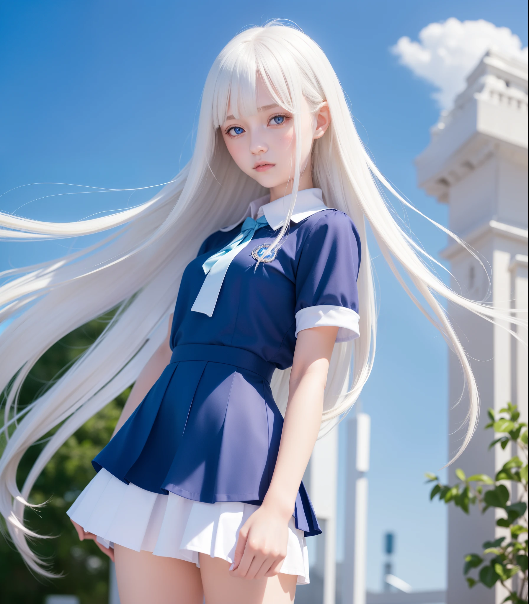 Single girl, school uniform, blue sky, bright and very beautiful face, young shiny white shiny skin, best good looks, beautiful platinum blonde super long silky straight hair shiny shiny, long swaying bangs, tremendously beautiful 17 years old, shining clear light blue big eyes, beautiful lovely beautiful girl