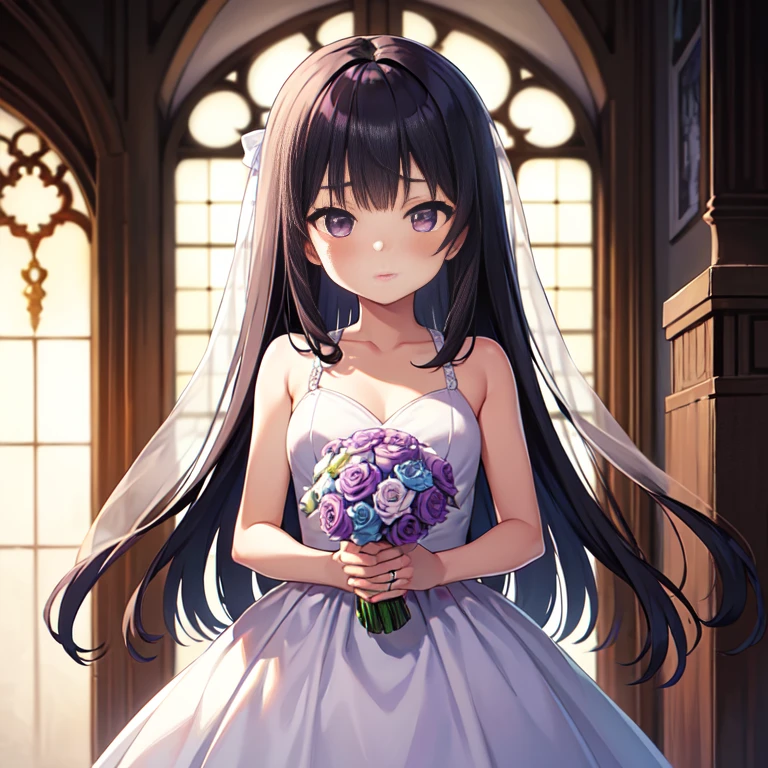 masutepiece, Best Quality, {Best Quality}, {{masutepiece}}, {hight resolution}, Illustration, 1girl in, Inoue Takina, Long hair, Bangs, Black hair, (Purple eyes:1.2), blush, weddingdress，veils，holding the bouquet with both hands，chies，chapel，Looking at Viewer，