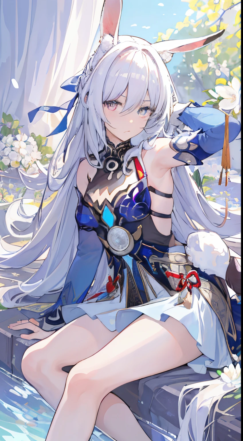 (Best quality at best,4K,8K,A high resolution,tmasterpiece:1.2),ultra - detailed,(actual,realisticlying,Photorealistic:1.37),rabbits,White stockings,illustratio,fanciful,light pastel colors,gentlesoftlighting,adorable expression,Cute tail,fluffy ears,playful pose,corolla,adorable eyes,vivaciousness,Full of prunes,Bright background,vivd colour,Whimsical Atmosphere,The breath of spring
