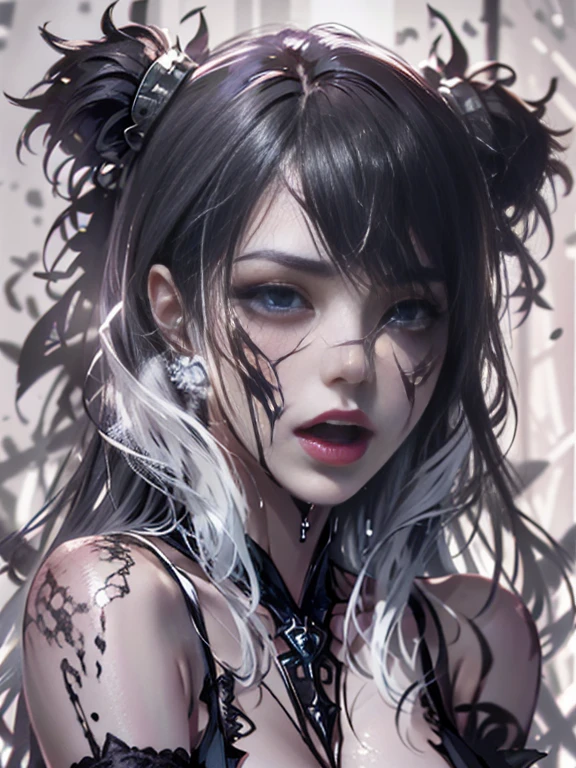 for a perfect face、Ecstatic look、Clear skin、slick skin、russian vampire、close up of face、Mouth wide open、Blood flows from the corner of the lower lip、Black and white、sluttish,barechested.Symetrical, artistic, close up, all her clothes are torn,,dystopian、gotik、Gothic lolita、 destruction, eyes focus, , Exposed skin, rag, Black and white split,with sublevel rack,Eroded by darkness and light,dynamicposes、Symetrical、}}}}, {{{Hyper Detailed}}}, {{{hight resolution}}}, {{Good anatomy}}, (((Best Quality))), ((Very delicately beautiful)), {{Very meticulous、Delicate}}, {8k cg wallpaper}, {{illustratio}}, (color background grayscale:1.1), Ray traching, Background bokeh, black backgrounds, (Splash ink:1.3), 1girl in , Solo,, blanche、Symetrical, artistic, close up, all her clothes are torn, , , Exposed skin,,, , Black and white split