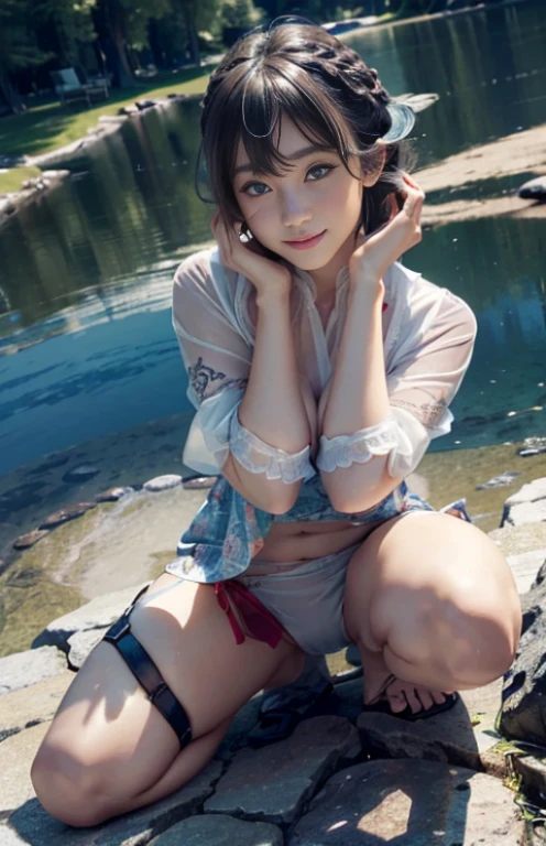 (A hyper-realistic)、(illustratio)、(hight resolution)、(8K)、(ighly detailed)、(Best Illustration)、(beautifully detailed eyes)、(top-quality)、(ultra-detailliert)、(masterpiece)、(wall-)、(A detailed face)、独奏、1 girl in、looking at viewert、fine detailed、A detailed face、My body was illuminated in the darkness、deep-shadows、lowkey、pureerosfaceace_v1、A smile、(Pixie Hair)、46-point diagonal bangs、a blond、((Heterochromia))、White swimwear,Fake Big(J-Cup,spread breasts),Composition of the whole body,Reflected up to the toes,Full body composition from the front,stomp the camera on his crotch:1.3,Fold your hands above your head