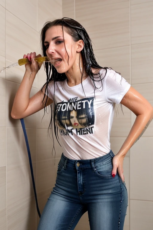 woman, jeans, high heel pumps, t-shirt, t-shirt is wet, jeans are wet, (with a mouthful of piss:1.2) sharp focus, (8k uhd:0.5), ultra-detailed, RAW photo, wet hair, ((side view)), NSFW