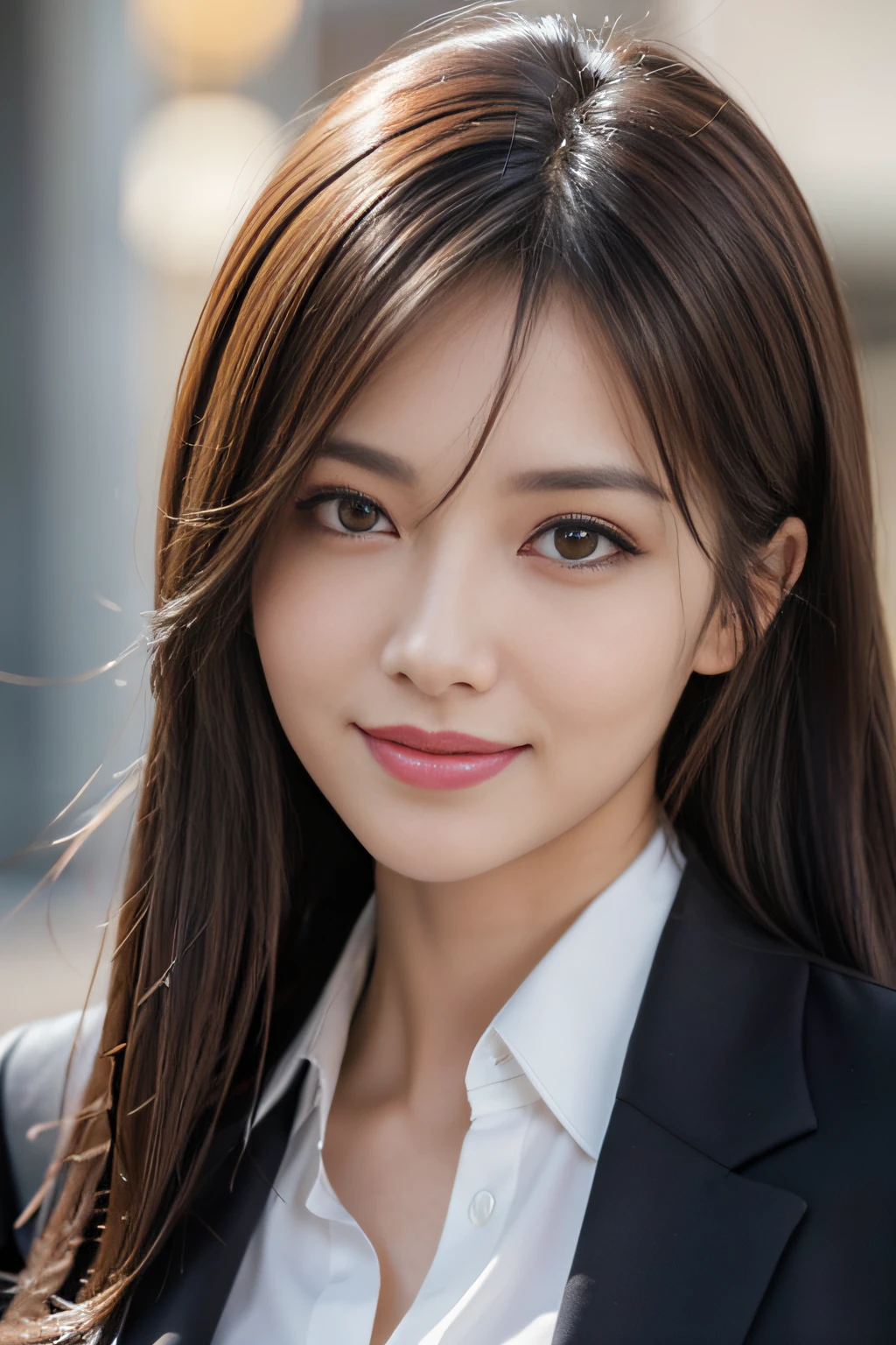 masutepiece, Best Quality, Photorealistic, Ultra-detailed, finely detail, High resolution, 8K Wallpaper, 1 beautiful woman,, light brown messy hair, in a business suit, foco nítido, Perfect dynamic composition, Beautiful detailed eyes, detailed hairs, Detailed realistic skin texture, Smiling, Close-up portrait, Model body type