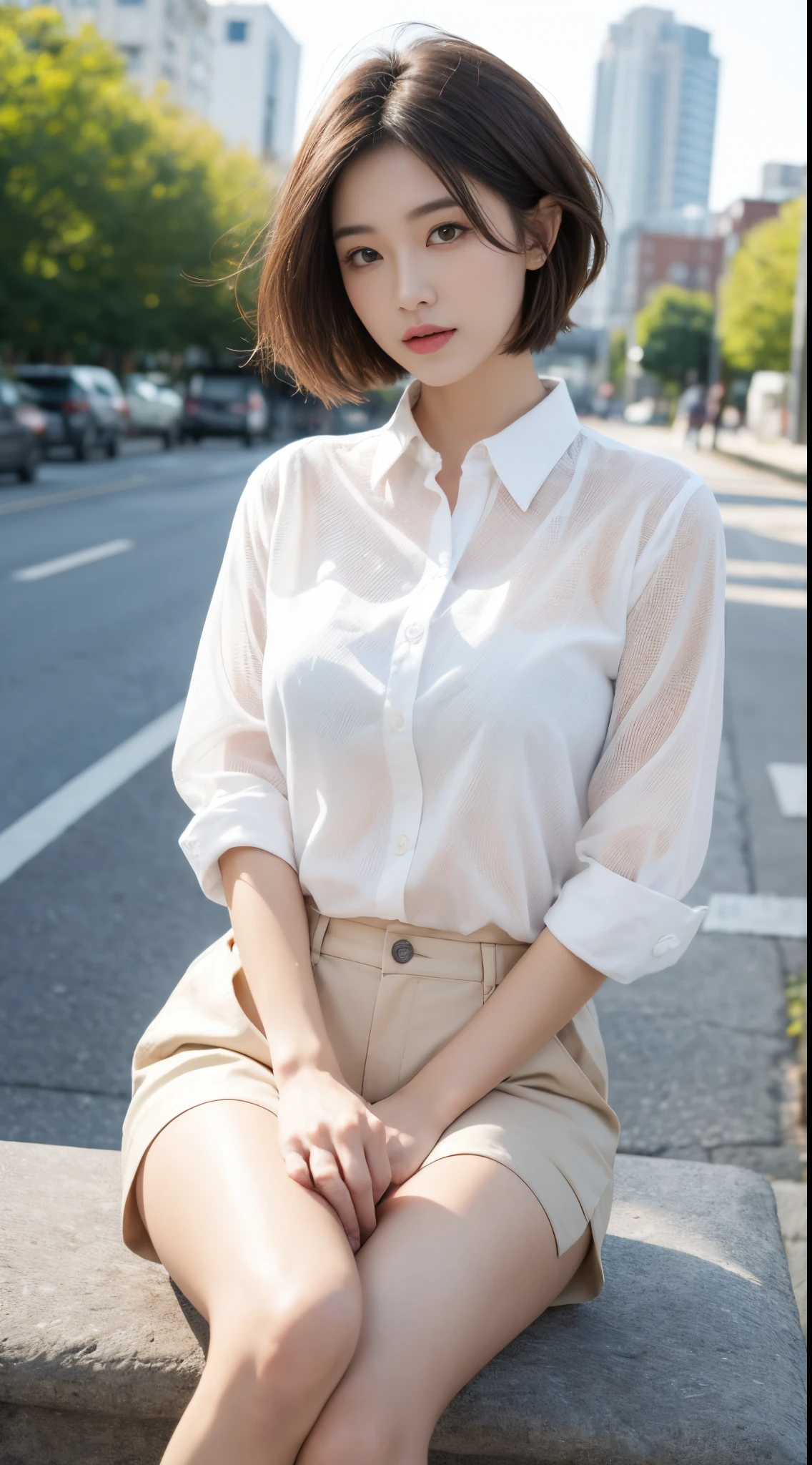 ((Best quality、8K、tmasterpiece:1.3))、Clear focus:1.2、Beautiful woman with perfect style:1.4、Slim abs:1.2、((dark brown hair、The large:1.2))、(White button-down long shirt:1.1)、the street:1.2、Highly Detailed Face and Skin Textur、A detailed eye、二重まぶた、a park、Open your heart boldly、Short hair details