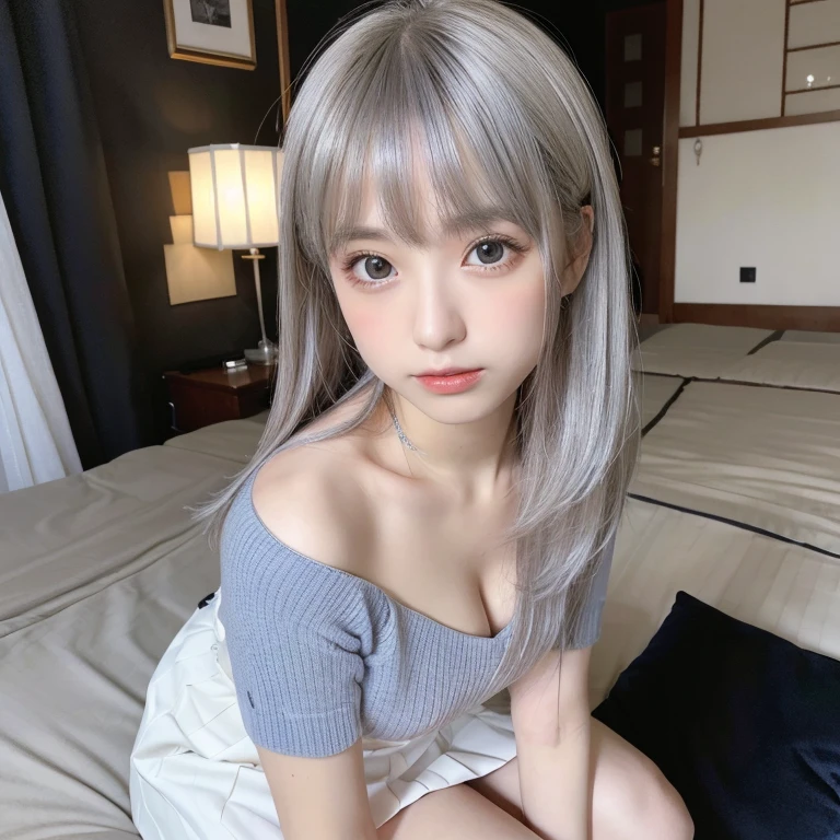 (Best Quality,4K,8K,hight resolution,masutepiece:1.2),Ultra-detailed,extremely detailed eye and face,Beautiful detailed eyes,Beautiful detailed lips,long eyelashes,Realistic,Photorealistic:1.37,Young Japan,fine-grained white skin,(Dark blue mini pleated skirt),White tank top,beautiful and magnificent composition,Marshmallow-like skin,masutepiece,Attractive,Posing for a photo,Cute,absolute territory,dark blue knee socks,Silver hair color,silky smooth and straight hair,A little more round face,