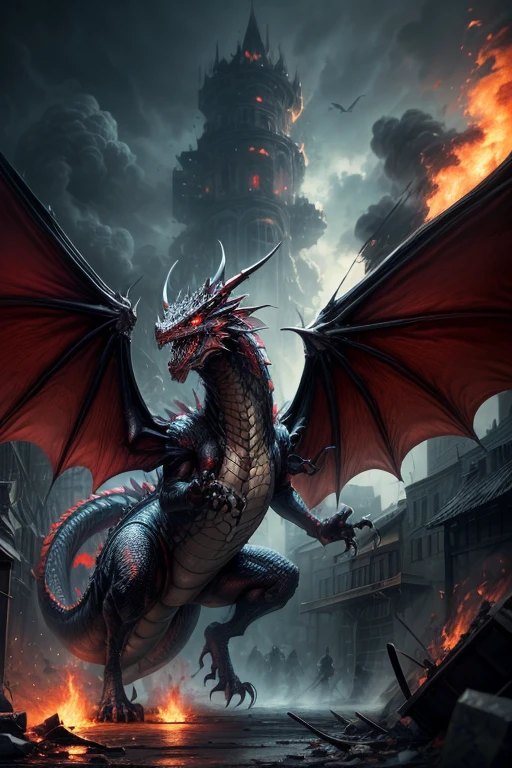 Hohe Detailgenauigkeit, best quality, 8K, [Ultra-detailliert], Meisterwerk, (Extrem detailliert), Dynamischer Winkel, .RAW, Weitwinkel, fotorealistisch, Fantasy-Kunst, DND-Kunst, dark art, 1 very large fearsome fantasy red dragon flying, kopf wie bei Game of Thronelys))), (dragon with 2 wings:1.3), scharfe Krallen, tough armored skin, (((spits jet of fire))), spuckt Feuer im Strahl, Burning Buildings, Angst, Panic, chaos, ((destruction)), death, burned people, filmischer Hintergrund, episch, (Meisterwerk:1.3), highres, filmischer Hintergrund, (Meisterwerk:1.2), high resolution