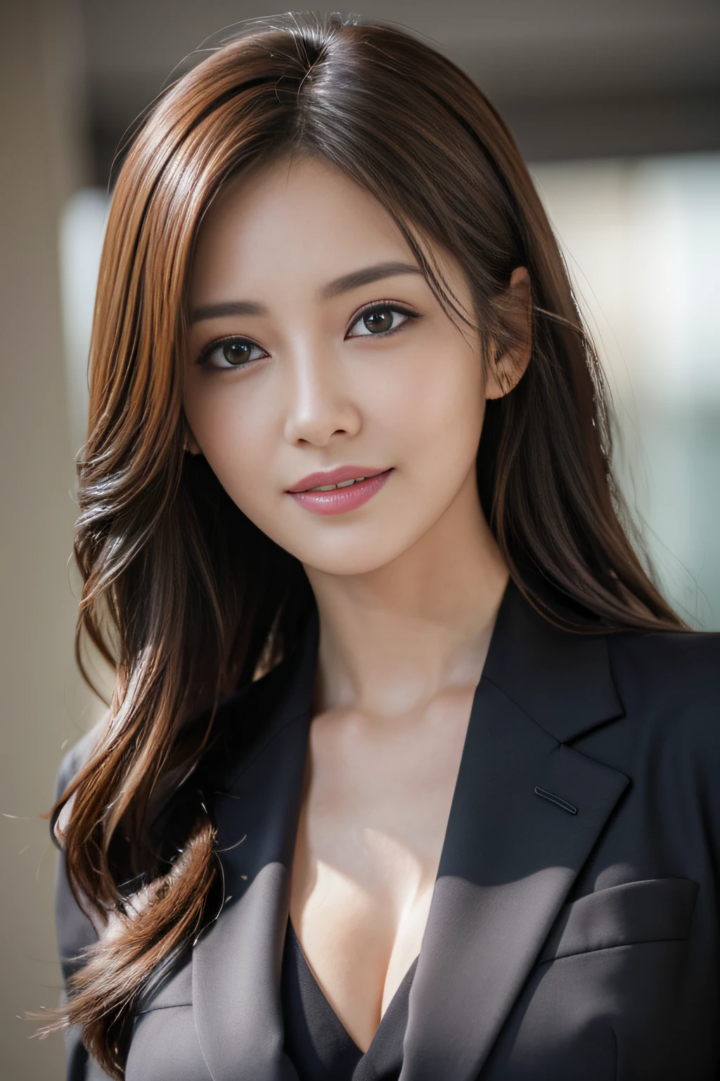 masutepiece, Best Quality, Photorealistic, Ultra-detailed, finely detail, High resolution, 8K Wallpaper, 1 beautiful woman,, light brown messy hair, in a business suit, foco nítido, Perfect dynamic composition, Beautiful detailed eyes, detailed hairs, Detailed realistic skin texture, Smiling, Close-up portrait, Model body type