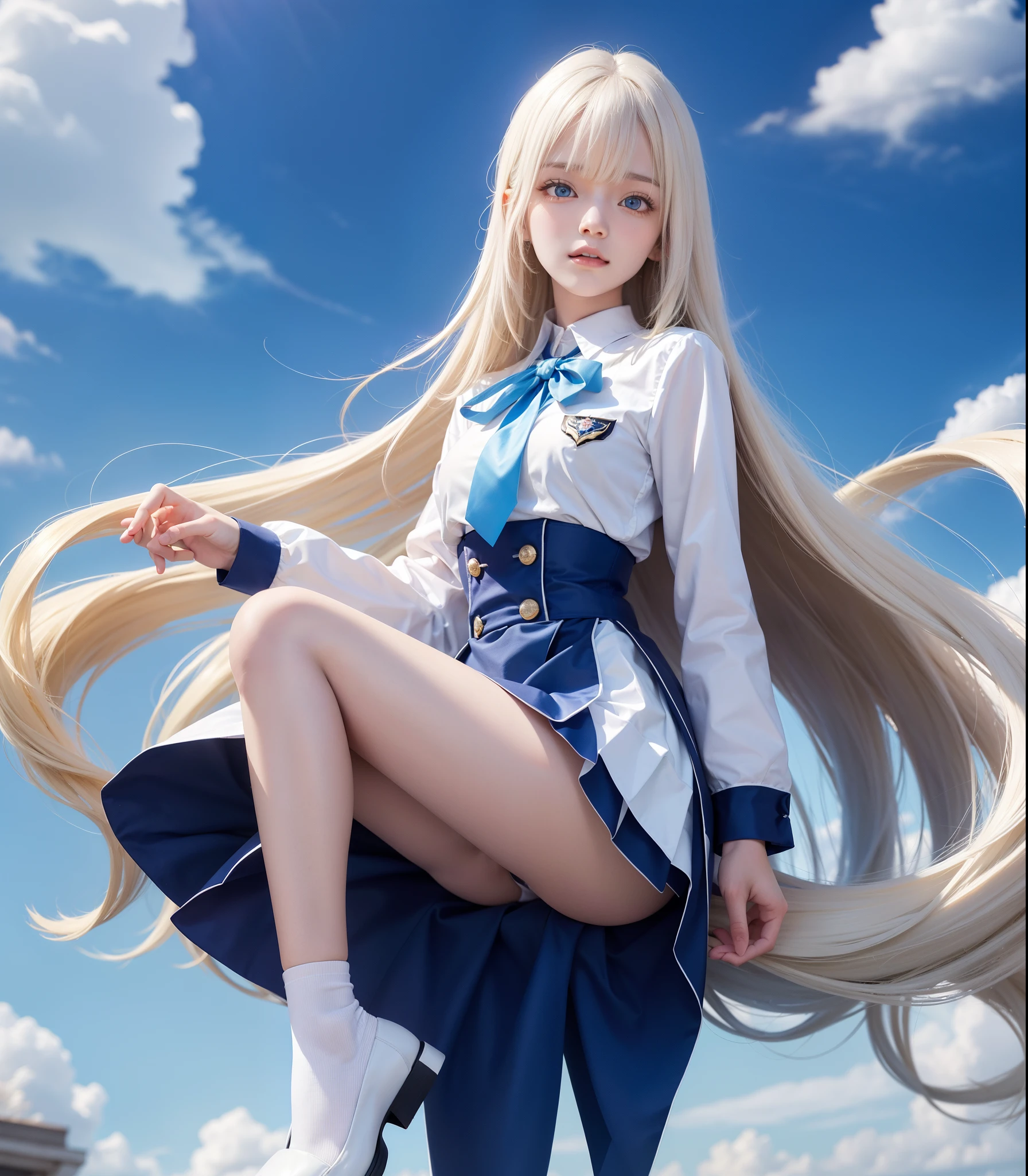 Single girl, school uniform, blue sky, bright and very beautiful face, white and shiny smooth young shiny skin, best good looks, beautiful super long silky straight hair of shiny platinum blonde, long bangs swaying, tremendously beautiful ************, shining transparent light blue big eyes, beautiful lovely beautiful girl