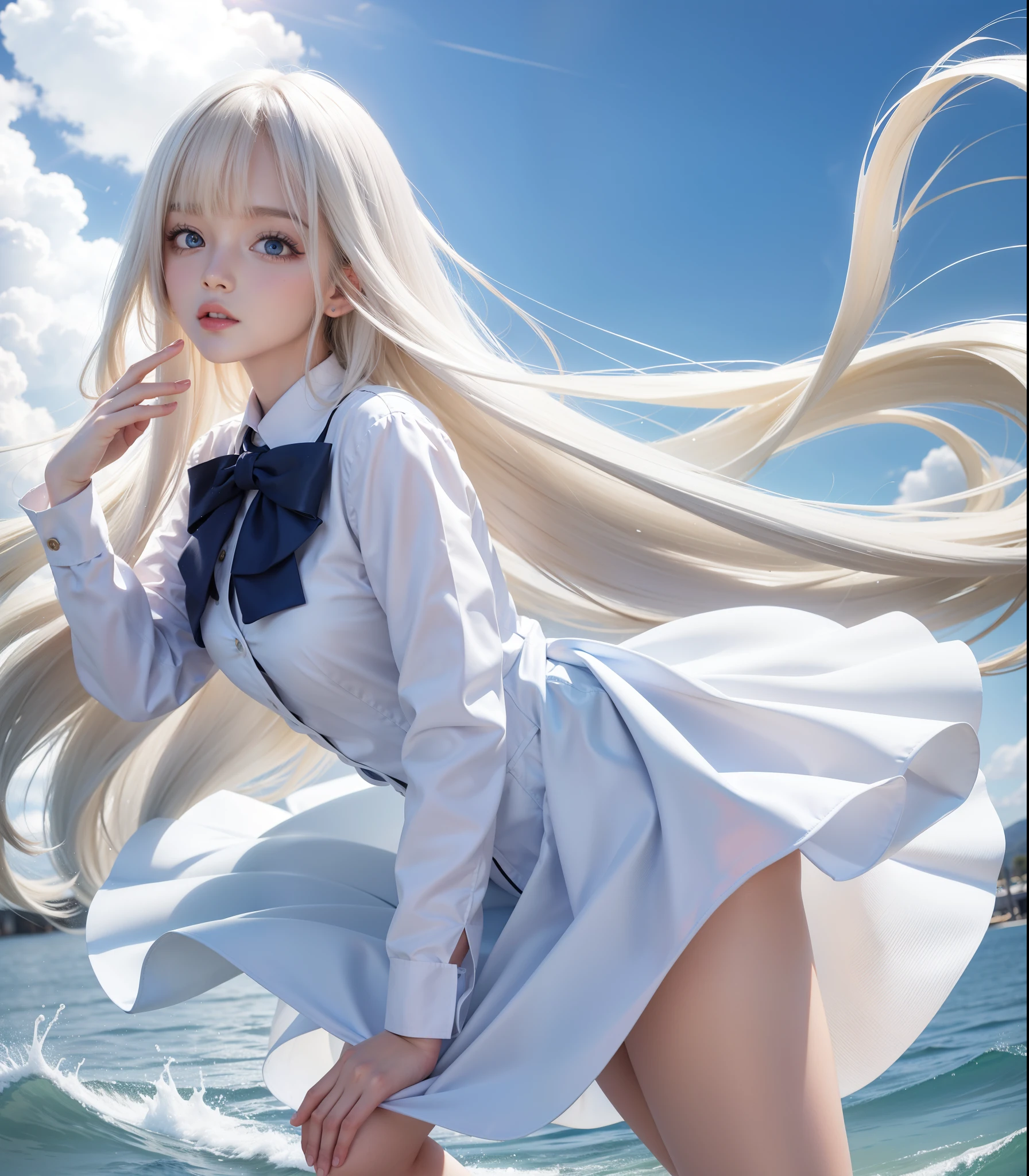 Single girl, school uniform, blue sky, bright and very beautiful face, white and shiny smooth young shiny skin, best good looks, beautiful super long silky straight hair of shiny platinum blonde, long bangs swaying, tremendously beautiful , shining transparent light blue big eyes, beautiful lovely beautiful girl