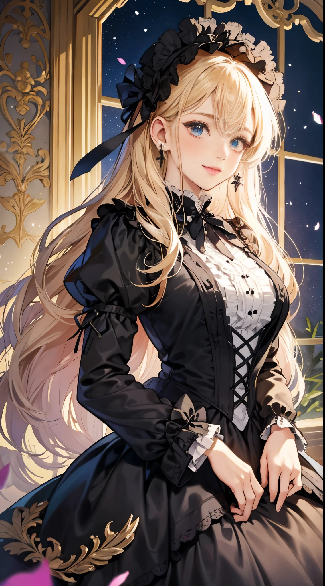 woman wearing dress and boots , baroque dress, in detailed steampunk dress, an elegant gothic princess, victorian gothic lolita fashion, Historical Baroque Dress Dark, black gothic lolita dress, fantasy style clothing, rococo dress, black rococo, classical witch, fantasy outfit, wearing a gothic dress, romantic dress, gothic dress,a blond, student,(((Upper body portrait)))a smile