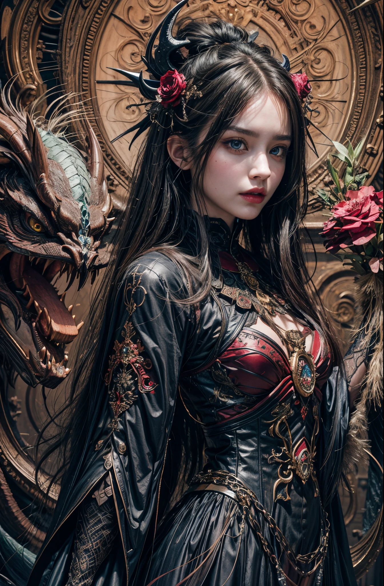 Beautiful brunette girl, blue eyes, It's a dragon and a demon., gothic fantasy, There's a devil behind., captured on canon eos r 6, (Realistic face details), intricate detailed, Portrait of a beautiful girl, very high details, Realistic photos, 8k, UHD, hyperdetailed, (Dynamic Poses:1.4),