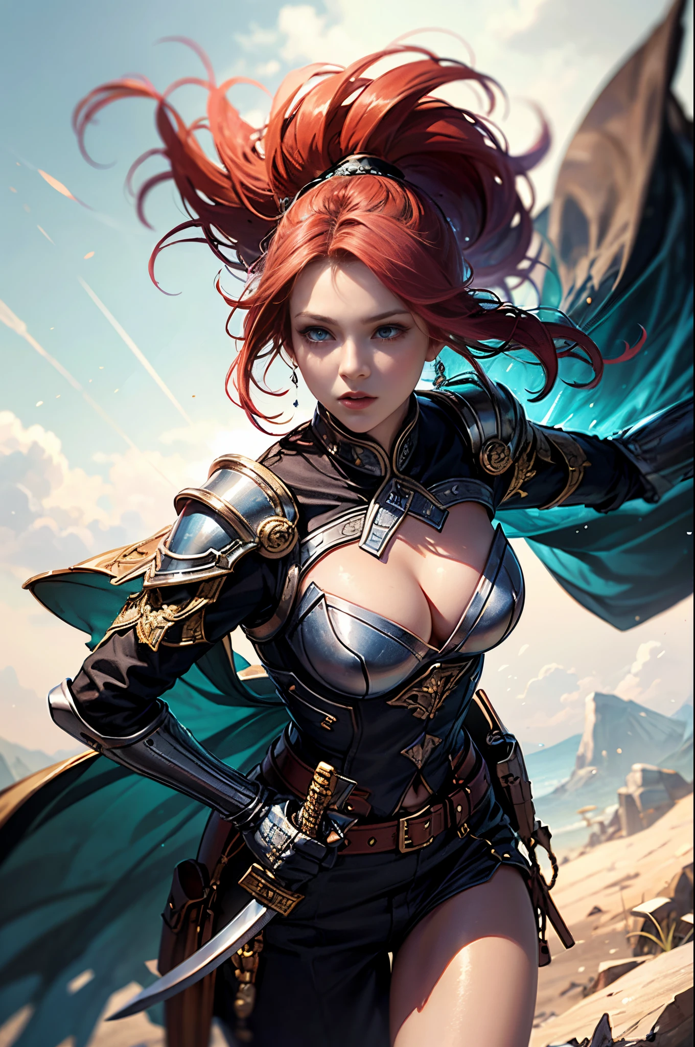 Araphed woman in black and red costume with sword, a character portrait by Yang J, cg society contest winner, Fantasy Art, epic exquisite character art, Stunning character art, redhead queen in heavy red armor, 2. 5 d cgi anime fantasy artwork, epic fantasy art style, ig model | ArtGerm, epic fantasy digital art style, Battlefield Commander, Invincible female general, brave, Awe-inspiring Hall々, extremely detailed and beautiful eyes, perfect supermodel body, Cloak wrapped in the wind, Battle Master, Veteran Warrior, incarnation of athena, Best Quality, Perfect Angle, perfect-composition, Best Shots, Official art, ciinematic light